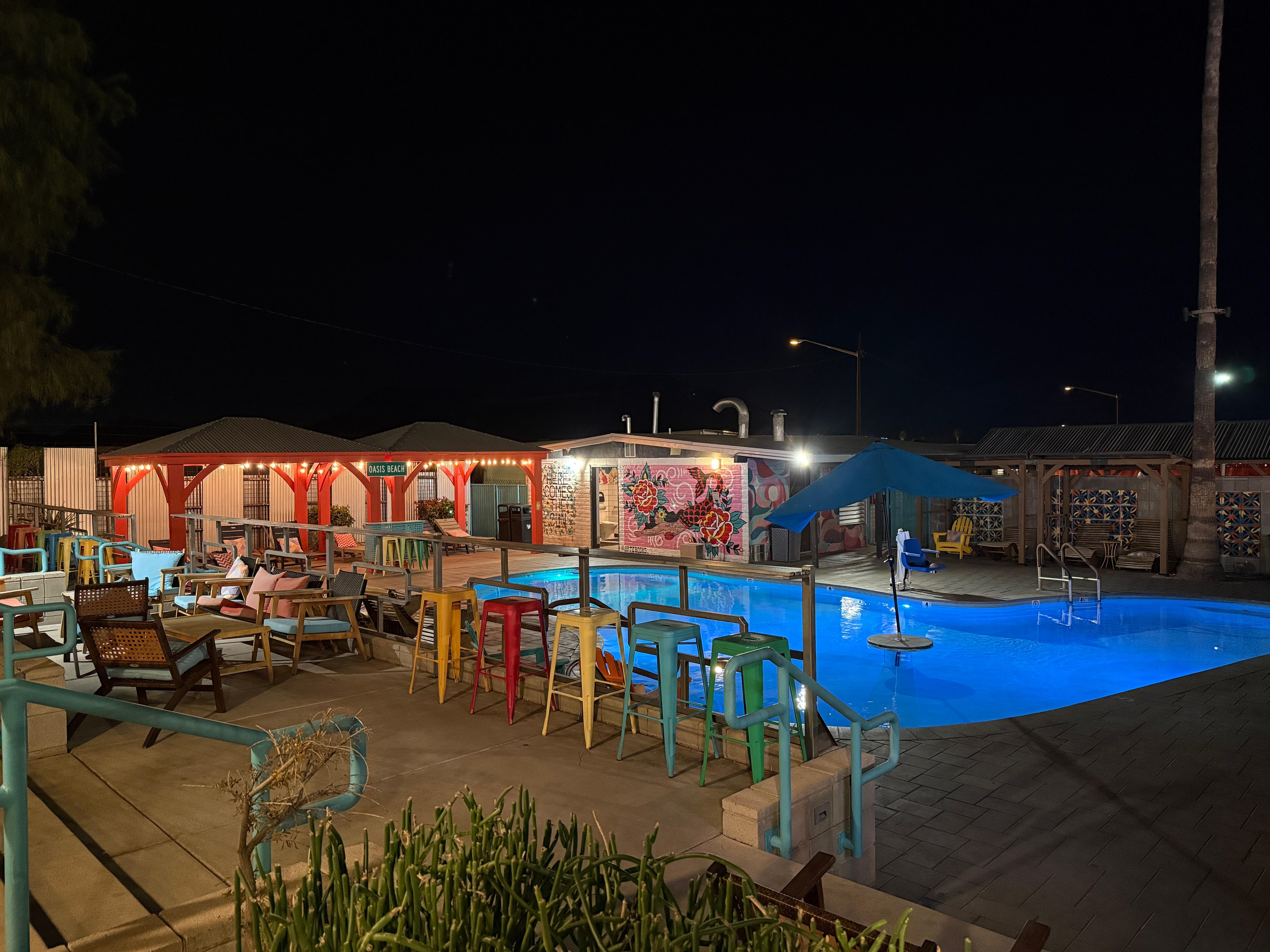 The pool is beautiful in the day but at night it changes colors and there’s a fire pit and it’s just a great place to hang out