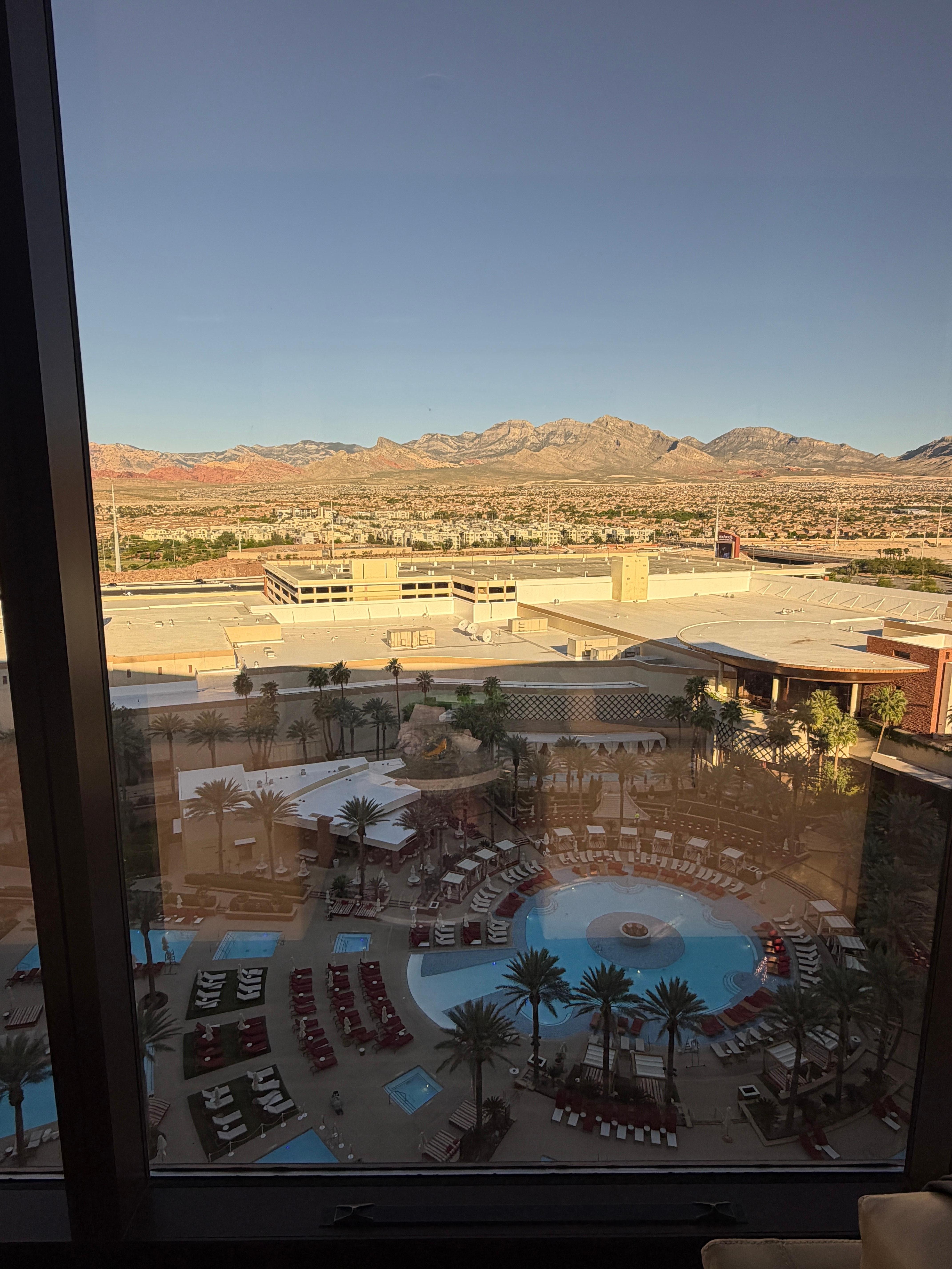 This is the landscape of Red Rock Canyon and poolside view from our room on the 16th floor one sunrise morning. Absolutely Beautiful!!