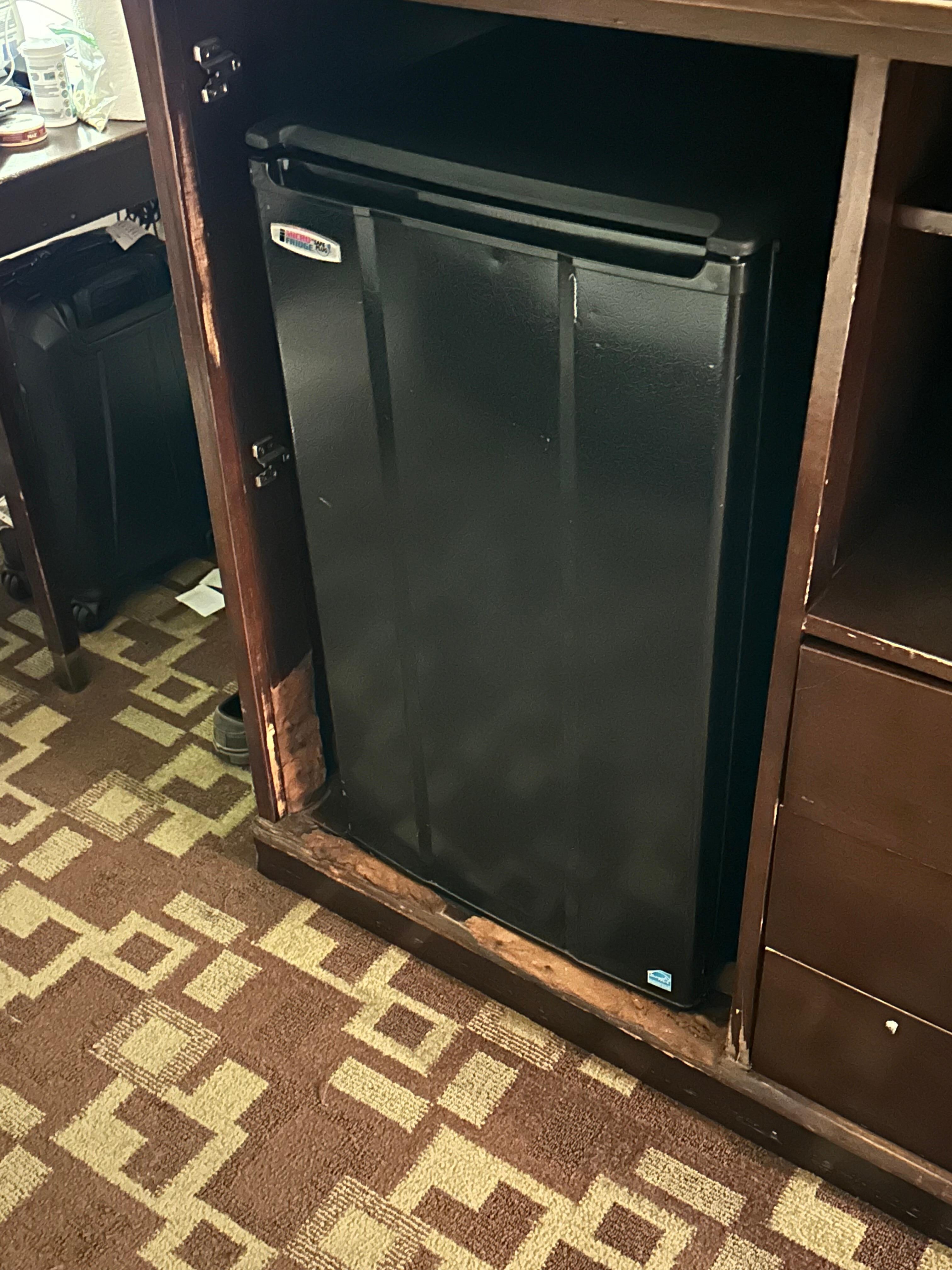 Fridge hardly stays cold. The whole piece of furniture is broken and exposed and dangerous for a 3 year old in the room!