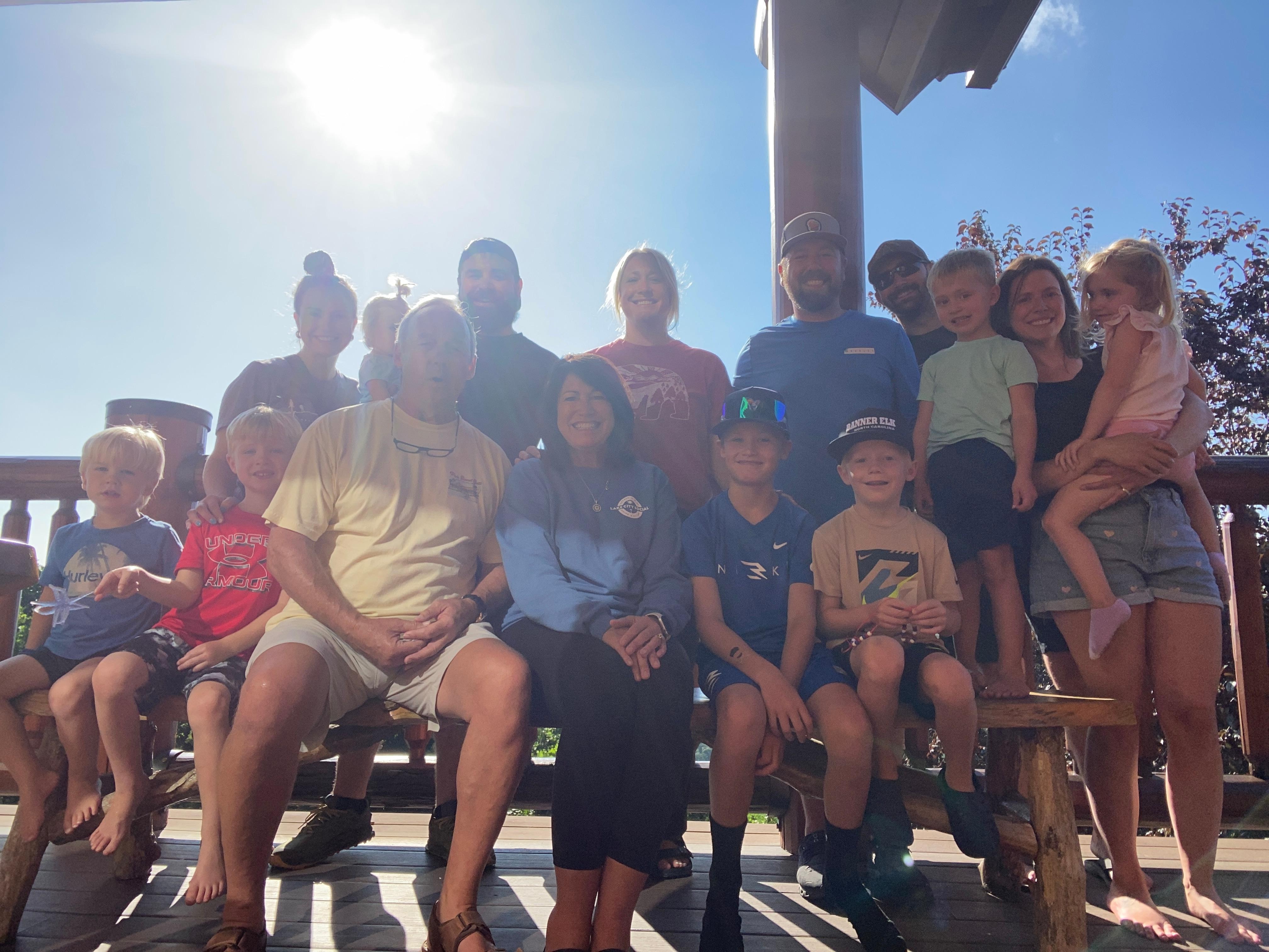 Me my husband. Our three children with their spouses and all of our wonderful Grands!! 