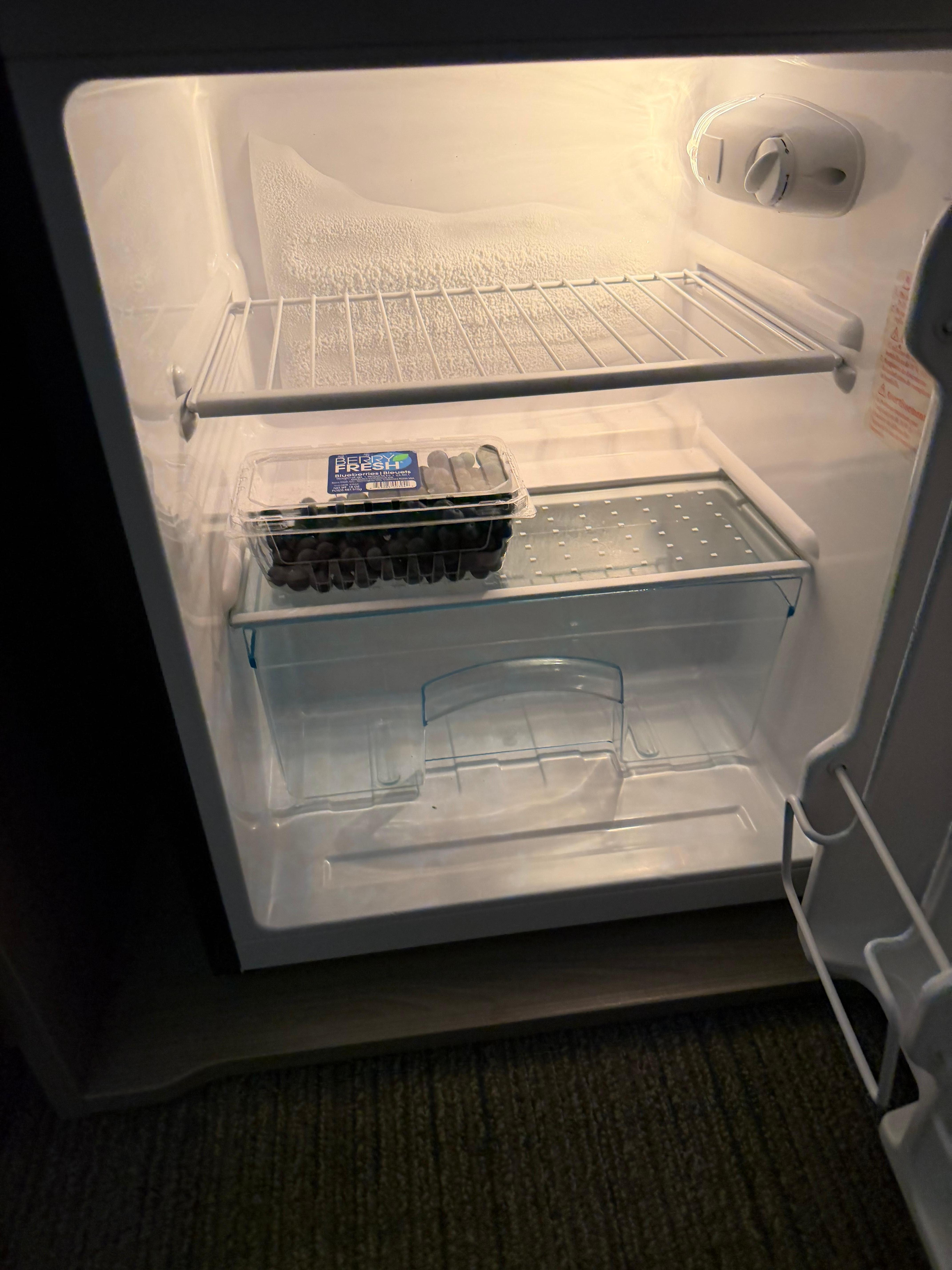 We found a box of blueberries in the refrigerator. 