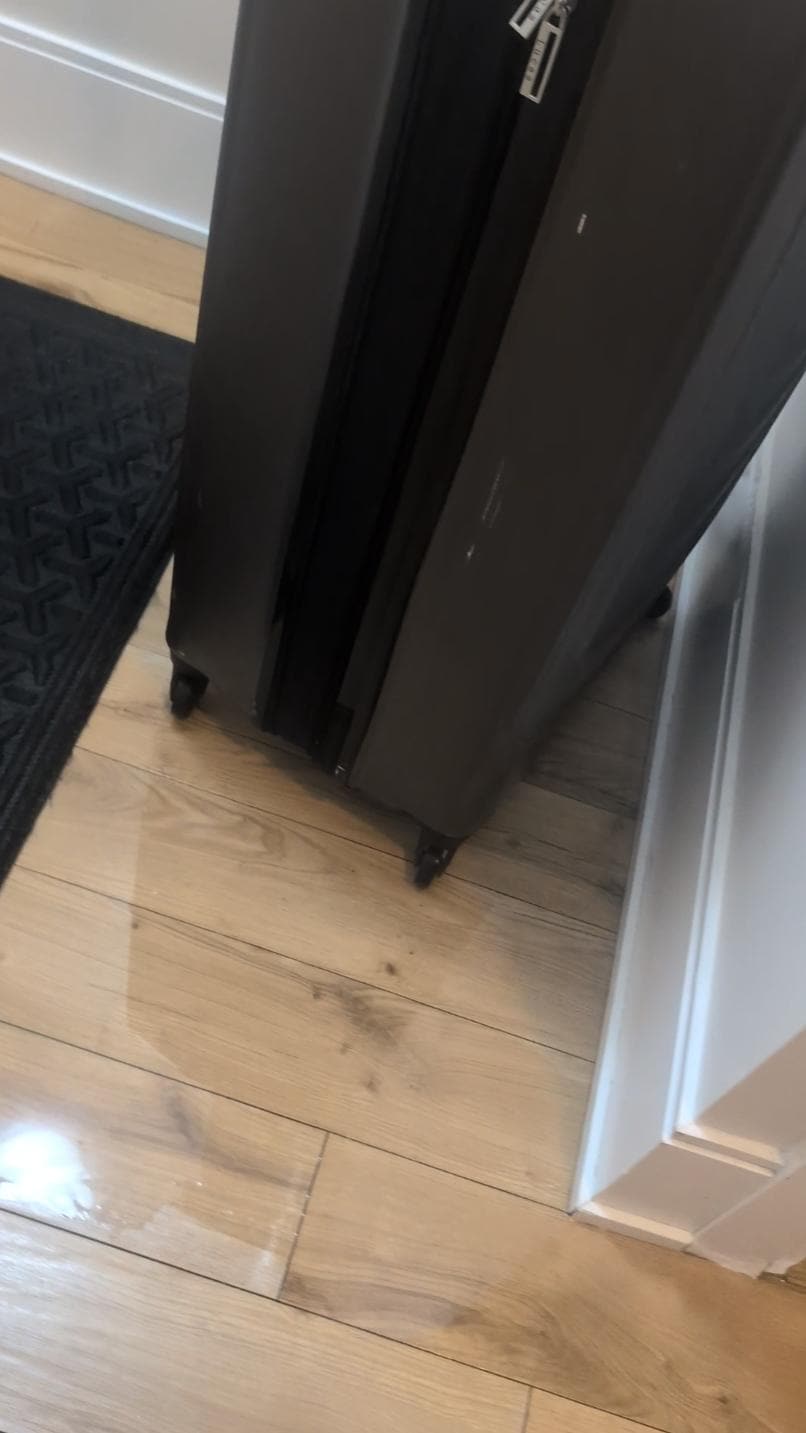 Puddle of standing water spreading from the washer area into the hallway — visible damage to baseboards.