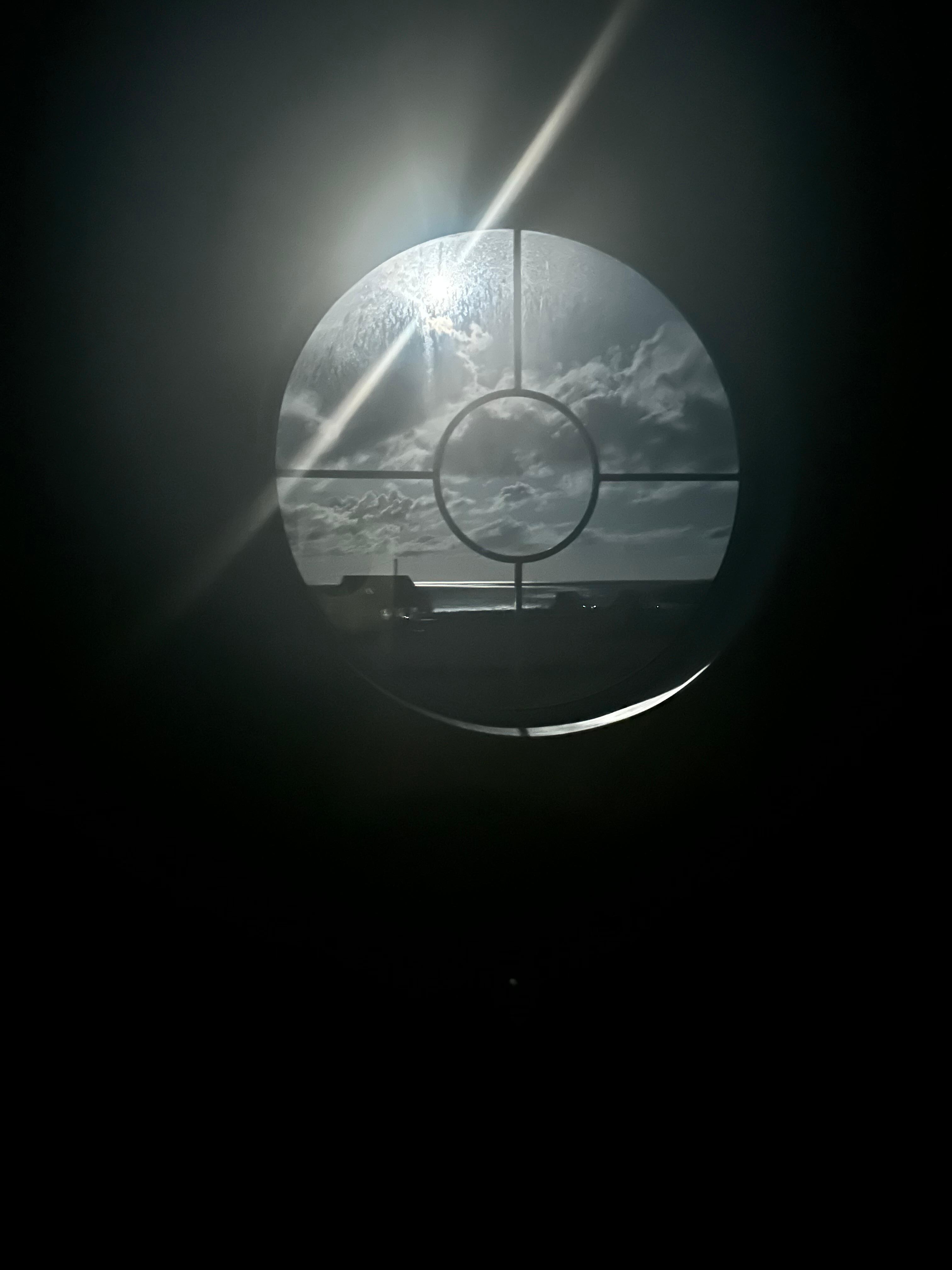 Evening view from upstairs bedroom porthole. 