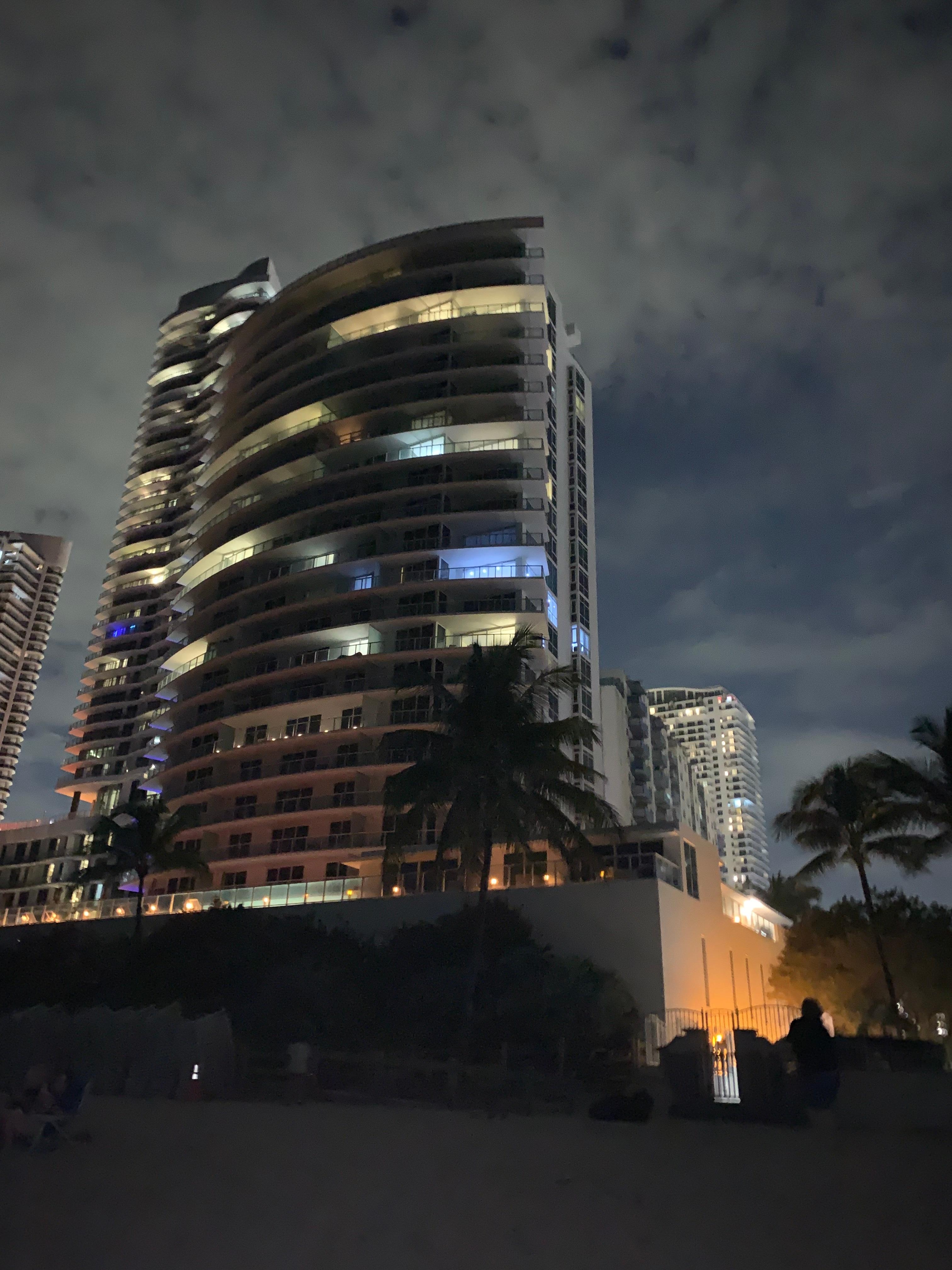 Night pic of our building from the beach, just footsteps away