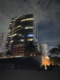 Night pic of our building from the beach, just footsteps away