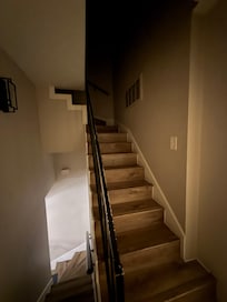 Stairs up to master bed and bathroom