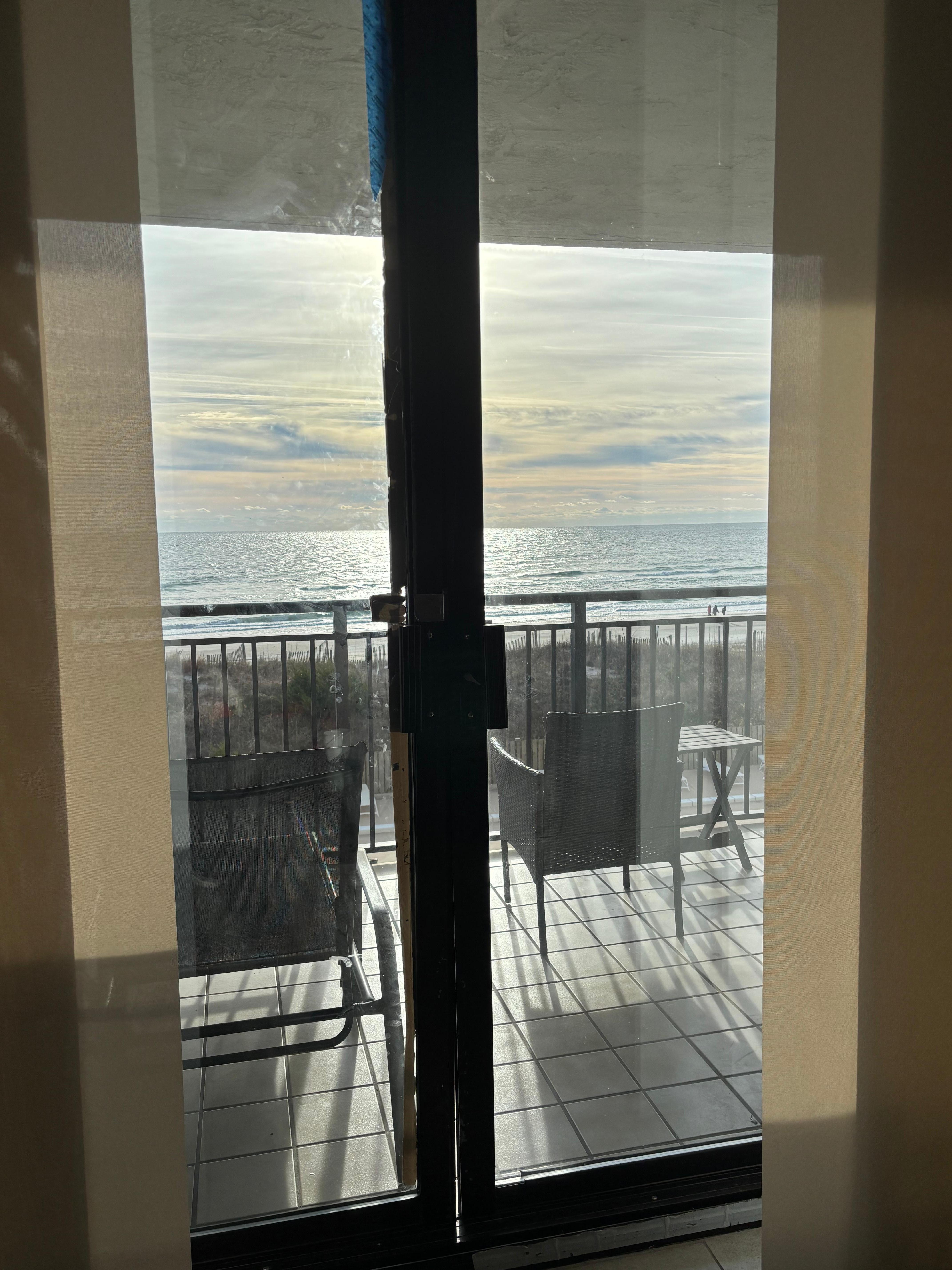 Door duct taped and painters tape, doors to balcony DO NOT lock and the lathe door is broken hence the tape. Cockroach dead on the floor when we arrived.