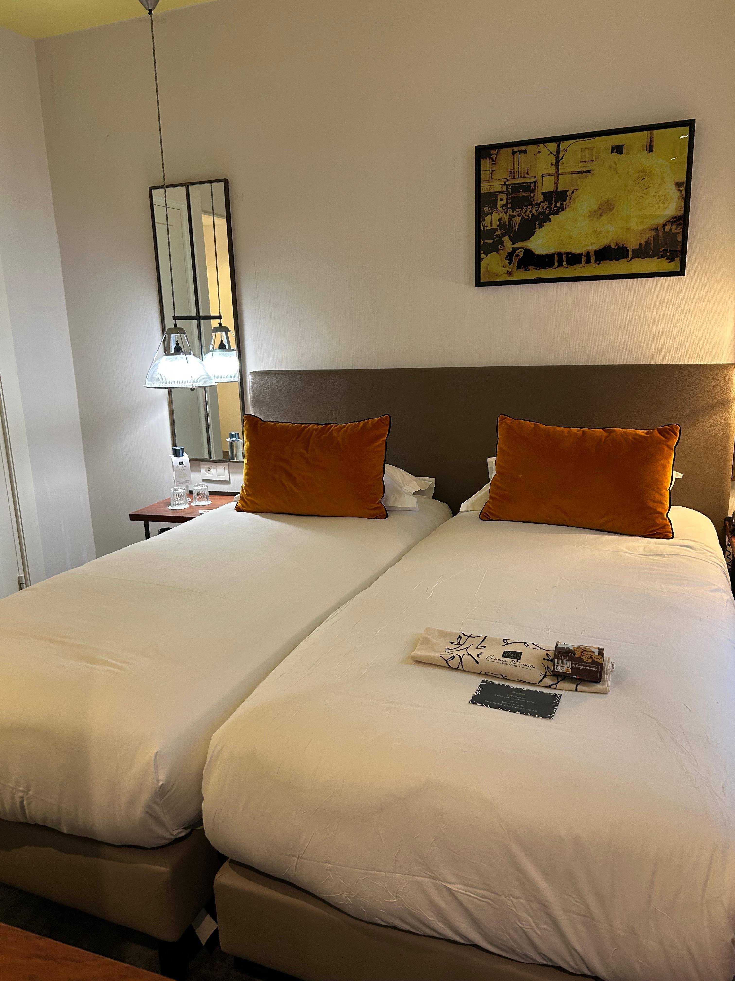 Twin bed room with beds joined. The room is slightly larger than a double room. 