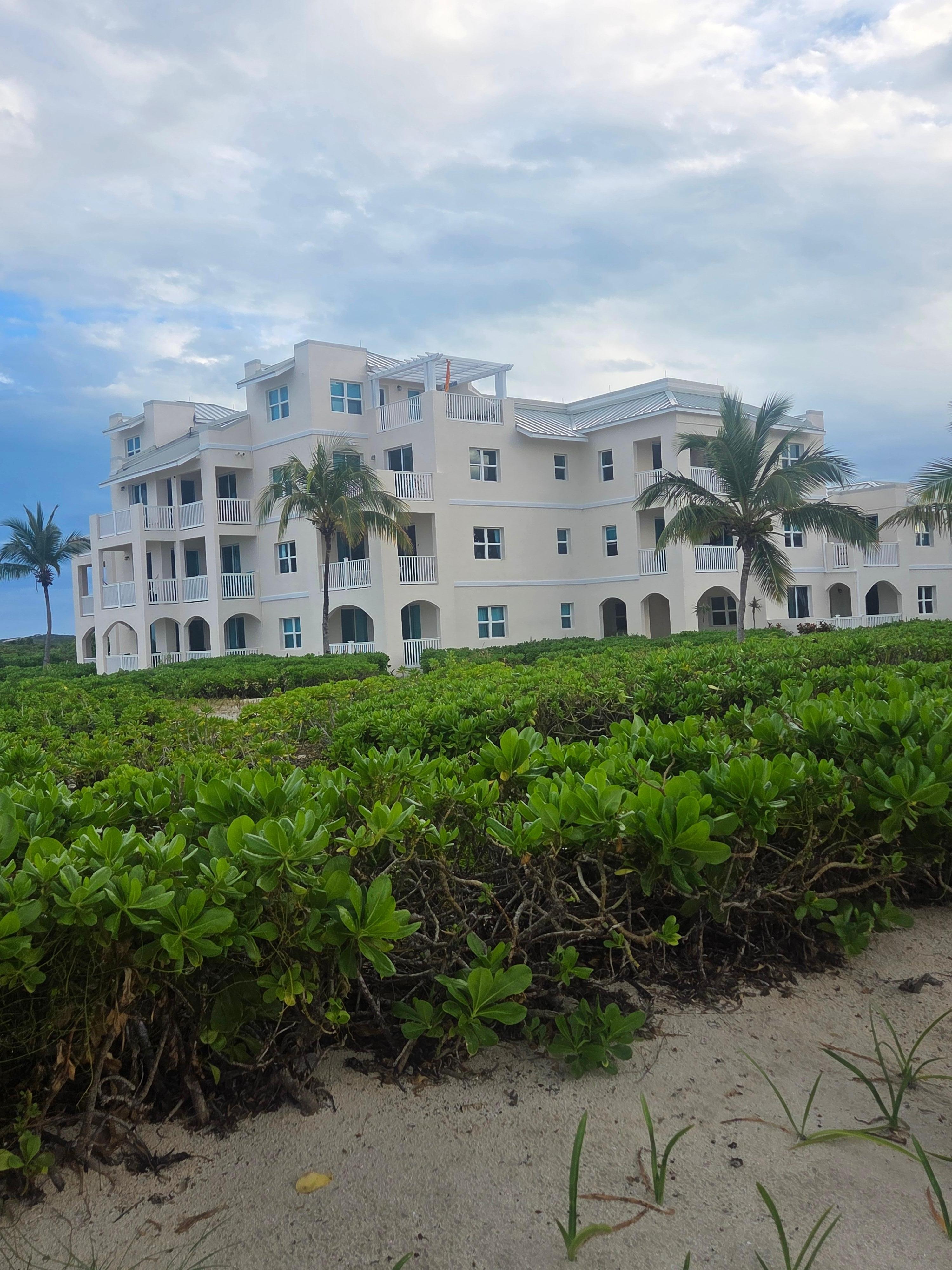 view of one of the buildings from the beach