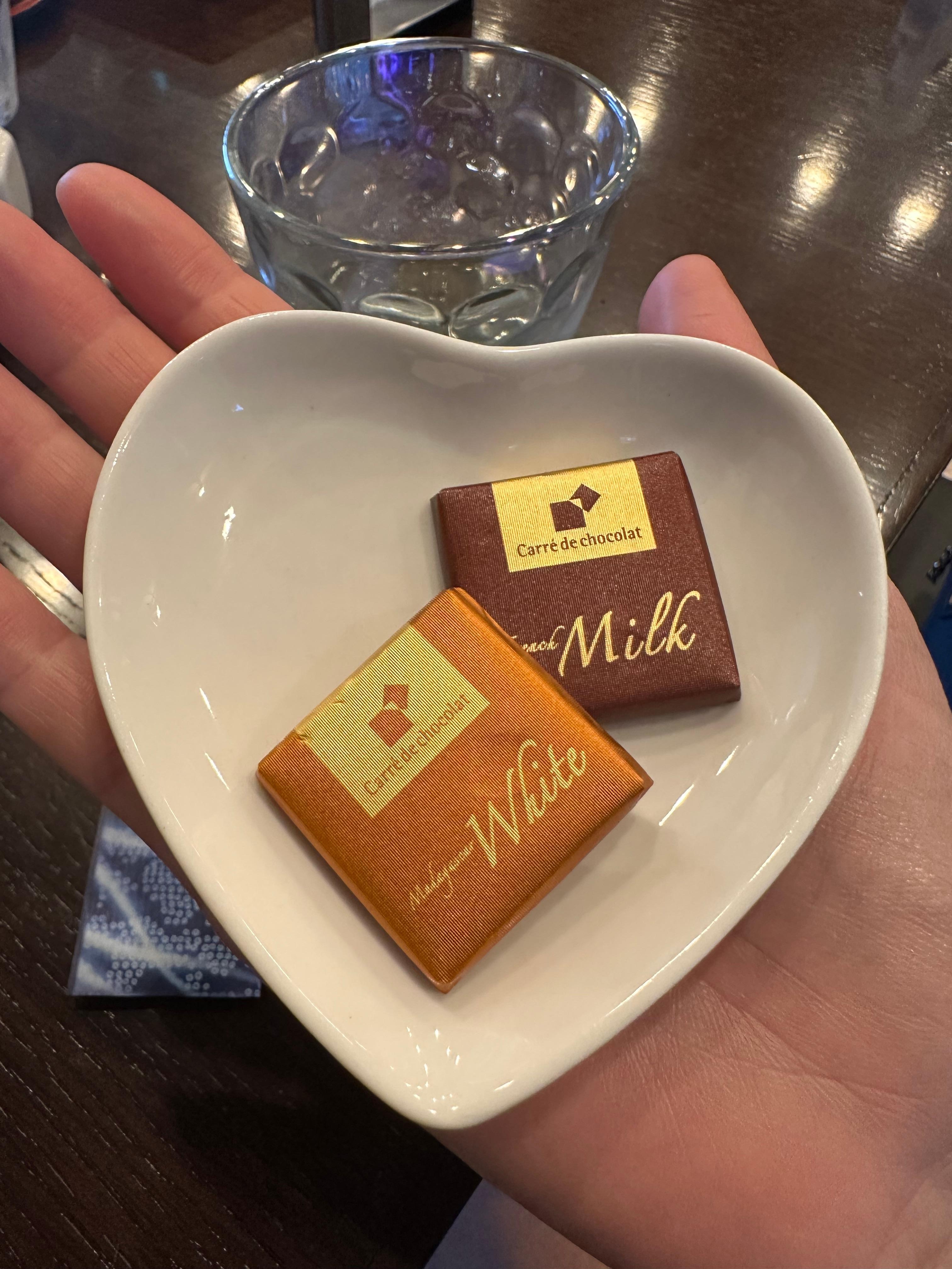 Free chocolates after breakfast! So cute! Heart dish!