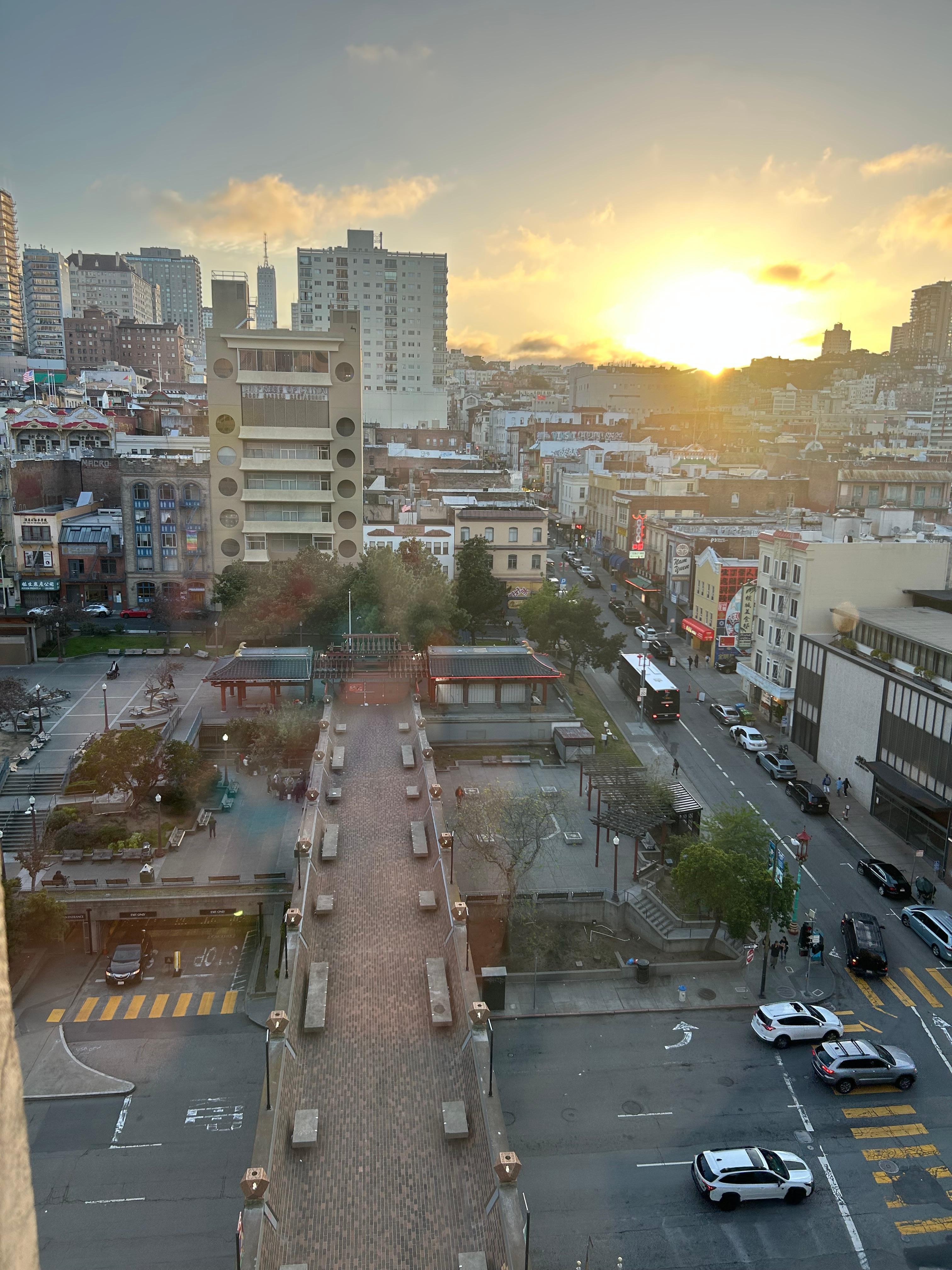 Excellent view of city waiting for elevator.