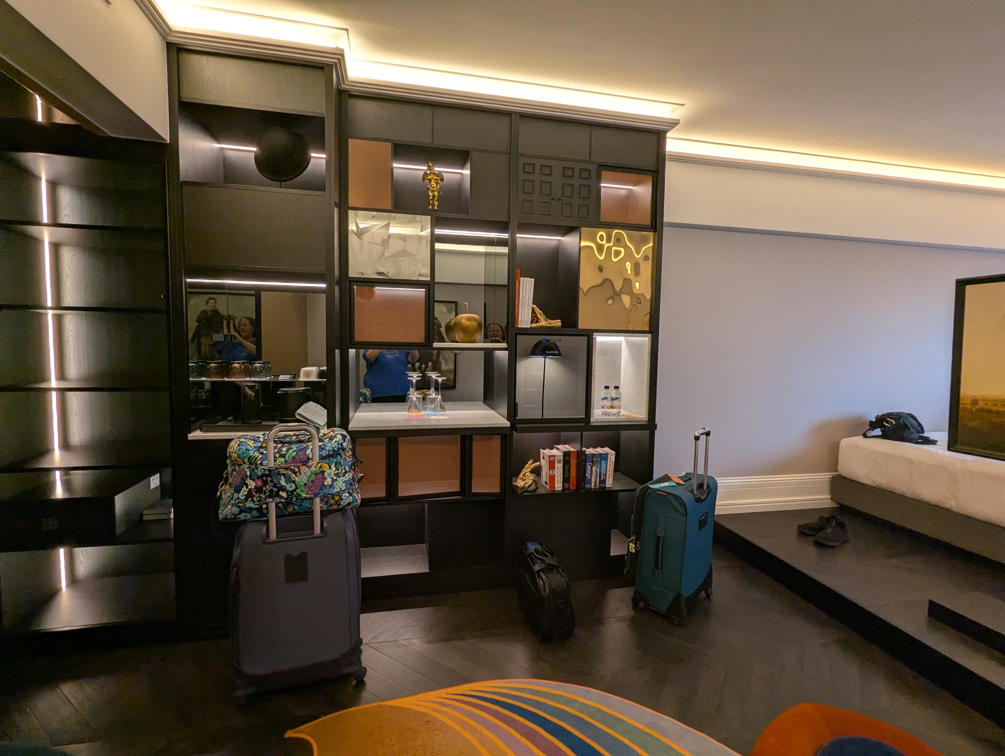 Lots of shelves and cabinets -- even a wine cooler