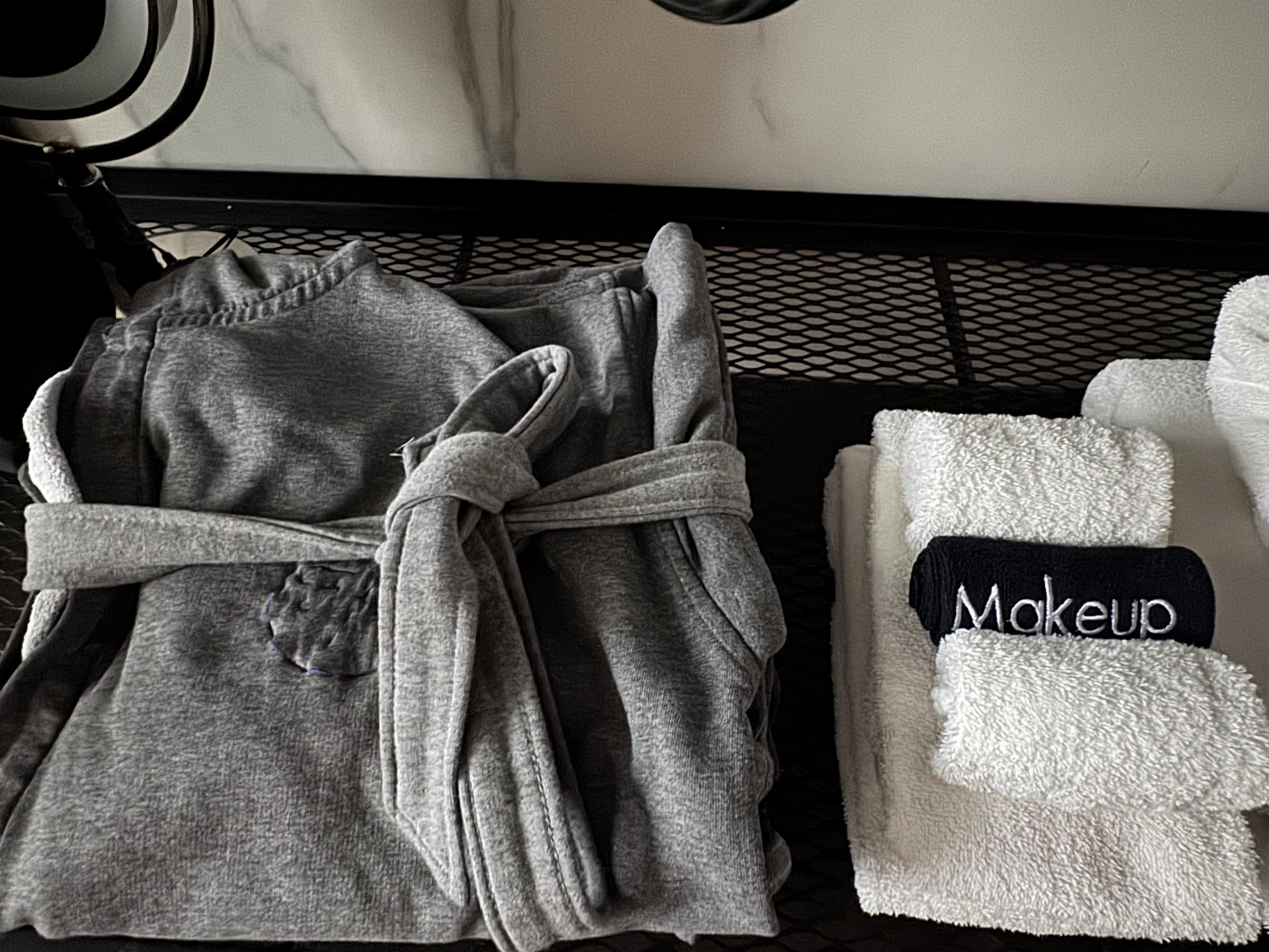 Bathroom robe and towels.