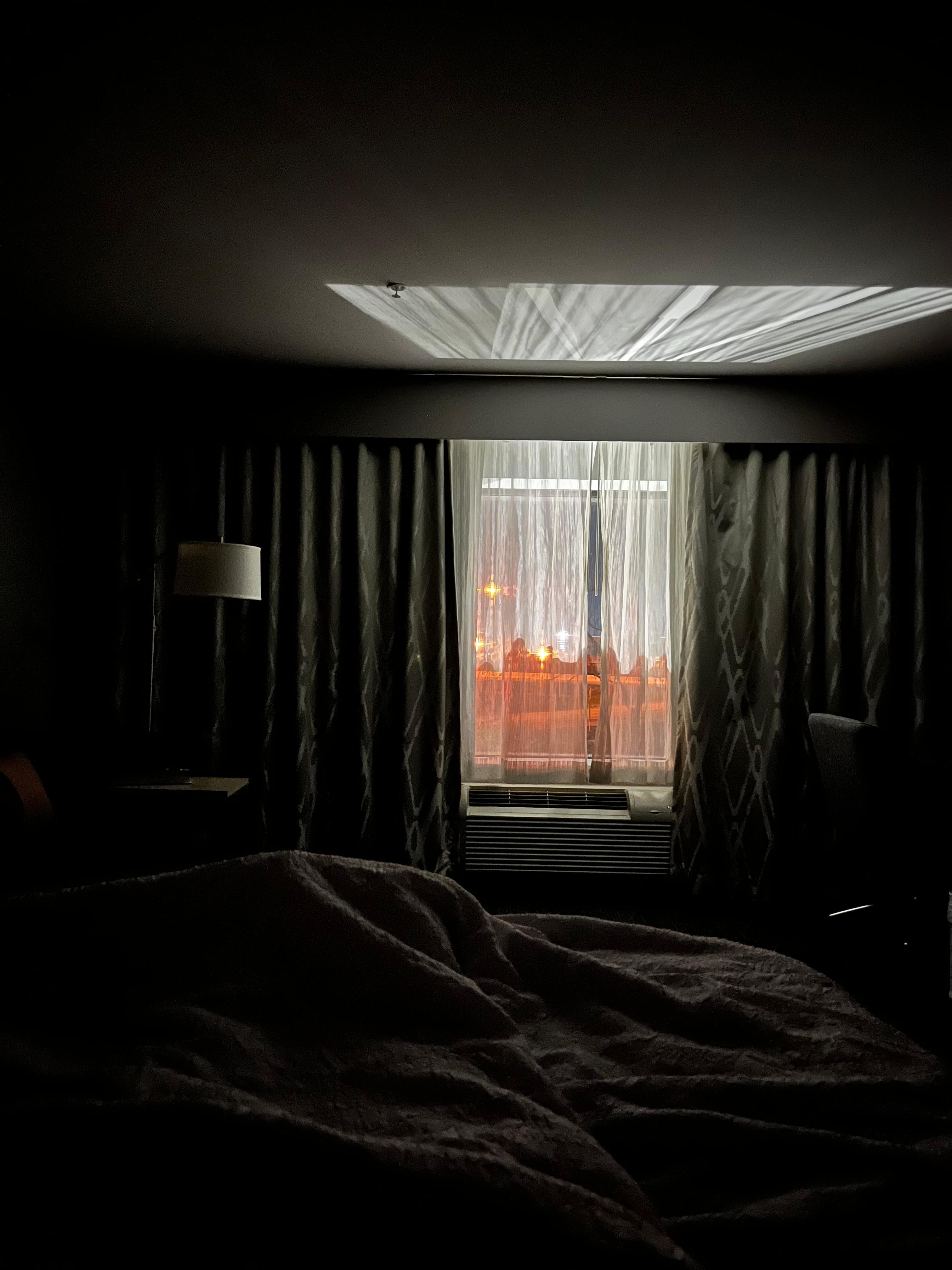 This is one problem with my room.  This is a nighttime view and there was no way to close blackout shades. This much light entered the room every night.  If you are sensitive to having any light while you sleep, this could be a problem.