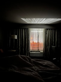 This is one problem with my room. This is a nighttime view and there was no way to close blackout shades. This much light entered the room every night. If you are sensitive to having any light while you sleep, this could be a problem.