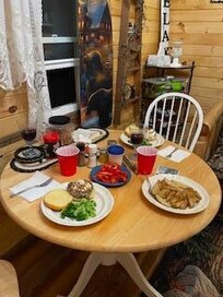 Lunch in the cozy cabin.