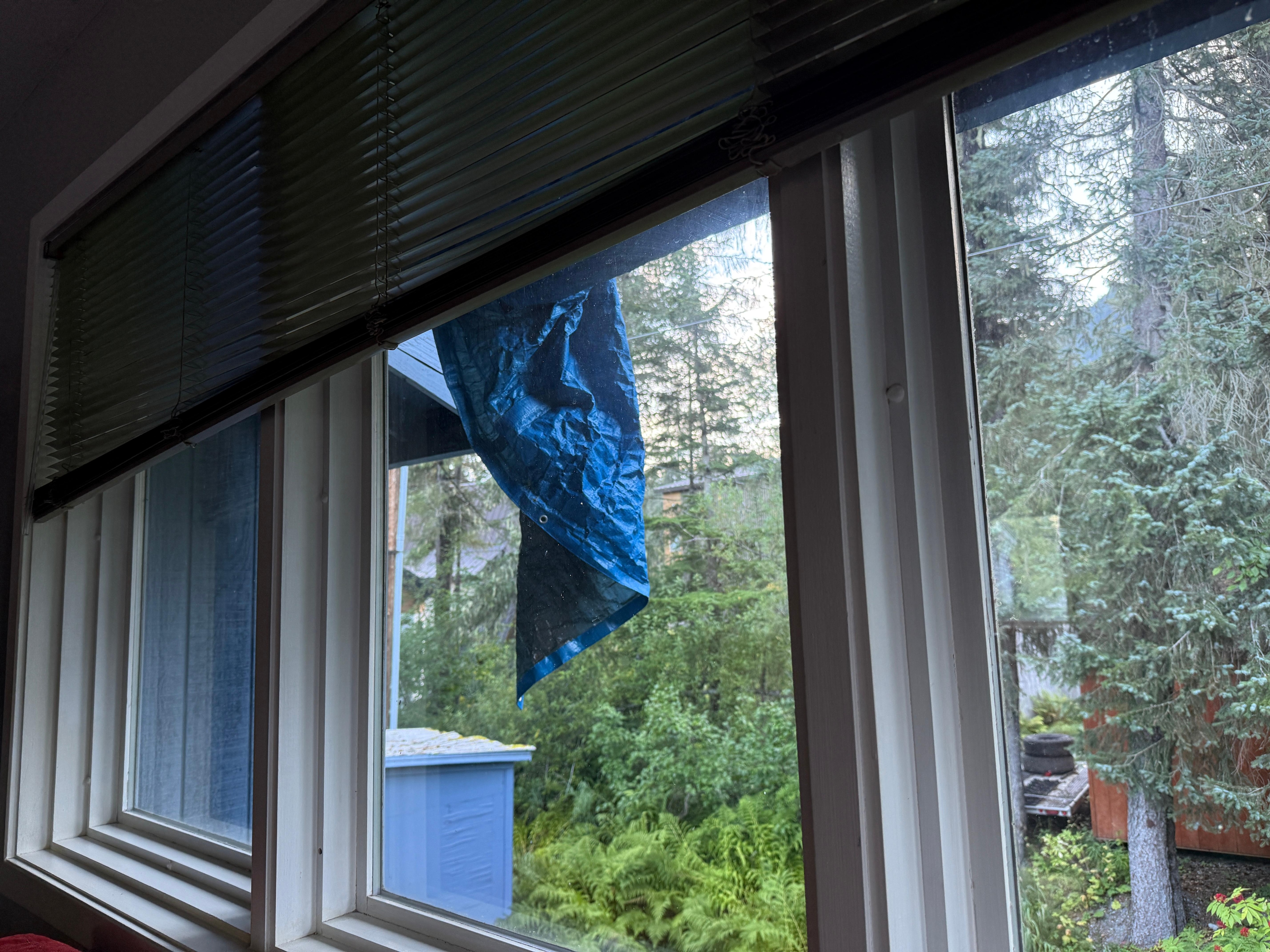 The plastic tarp 
hanging from roof