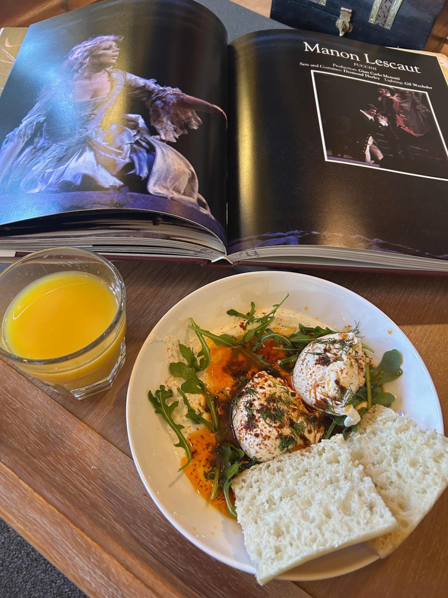 Enjoying breakfast by the fireplace, reading a book on Met Operas. Menu was: poached eggs on a bed of hummus and arugula, freshly-squeezed orange juice, puff pastries of strawberry with cream cheese; lots of fresh cutup fruit