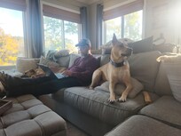 My husband and our pups working and relaxing in luxurious comfort with beautiful views of the lake.
