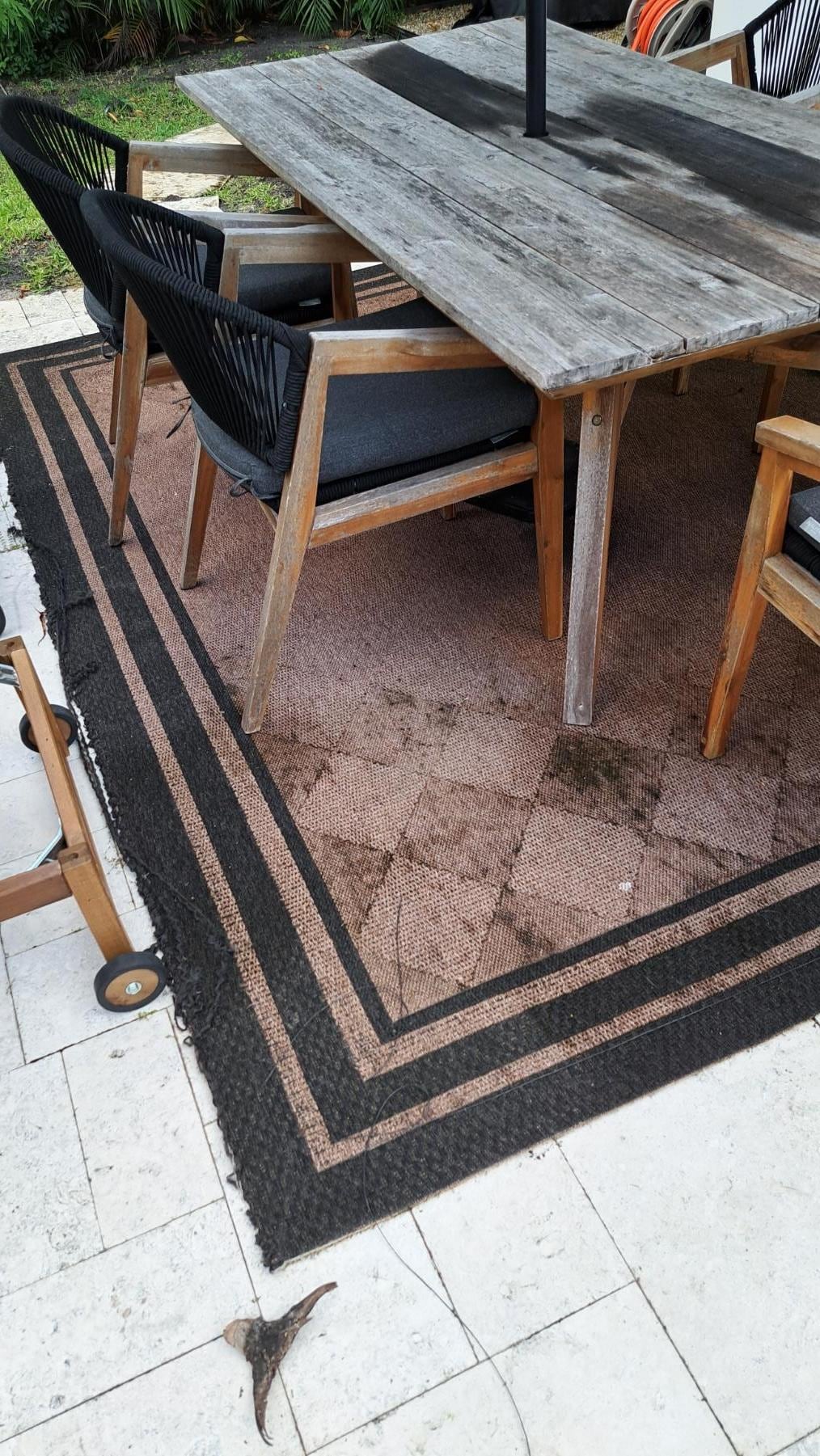 Some Wear - Suggest bleach table, and re-stain & rug replacement