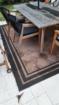 Some Wear - Suggest bleach table, and re-stain & rug replacement
