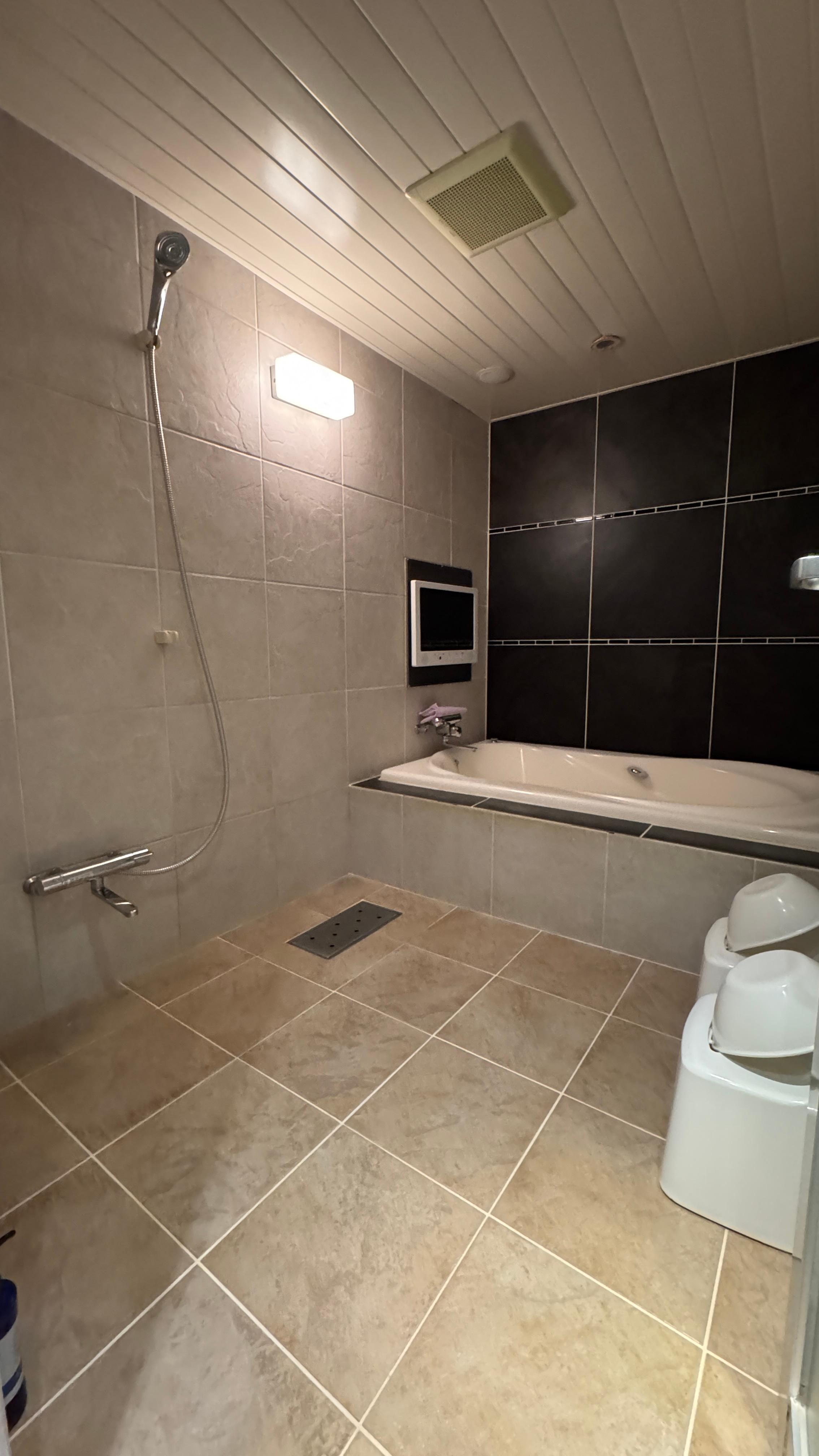Huge shower and bath. Includes a TV. 