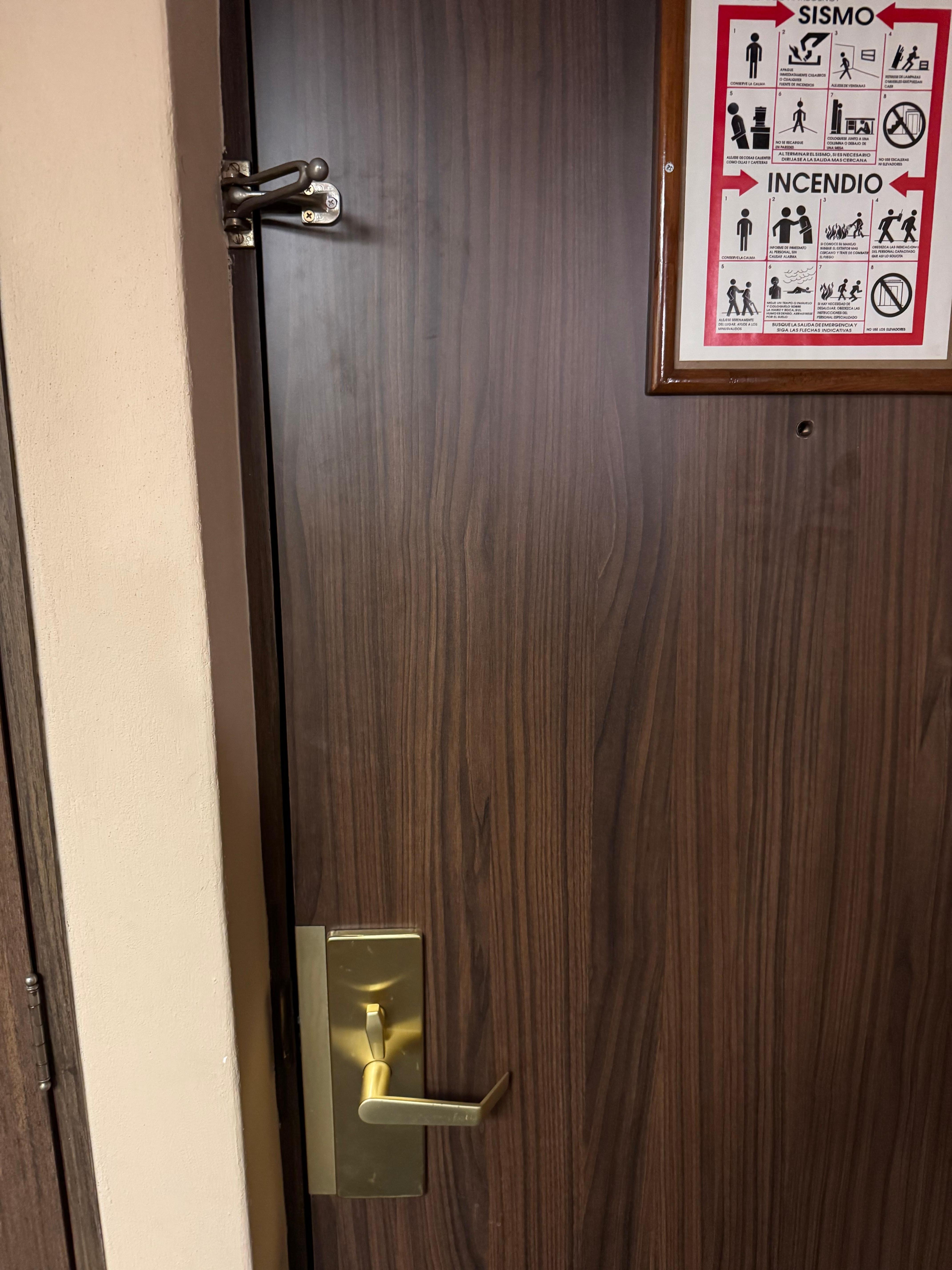 This is the door showed in the morning, the door was unlocked and the latch position changed which means someone tried to break in but he failed 