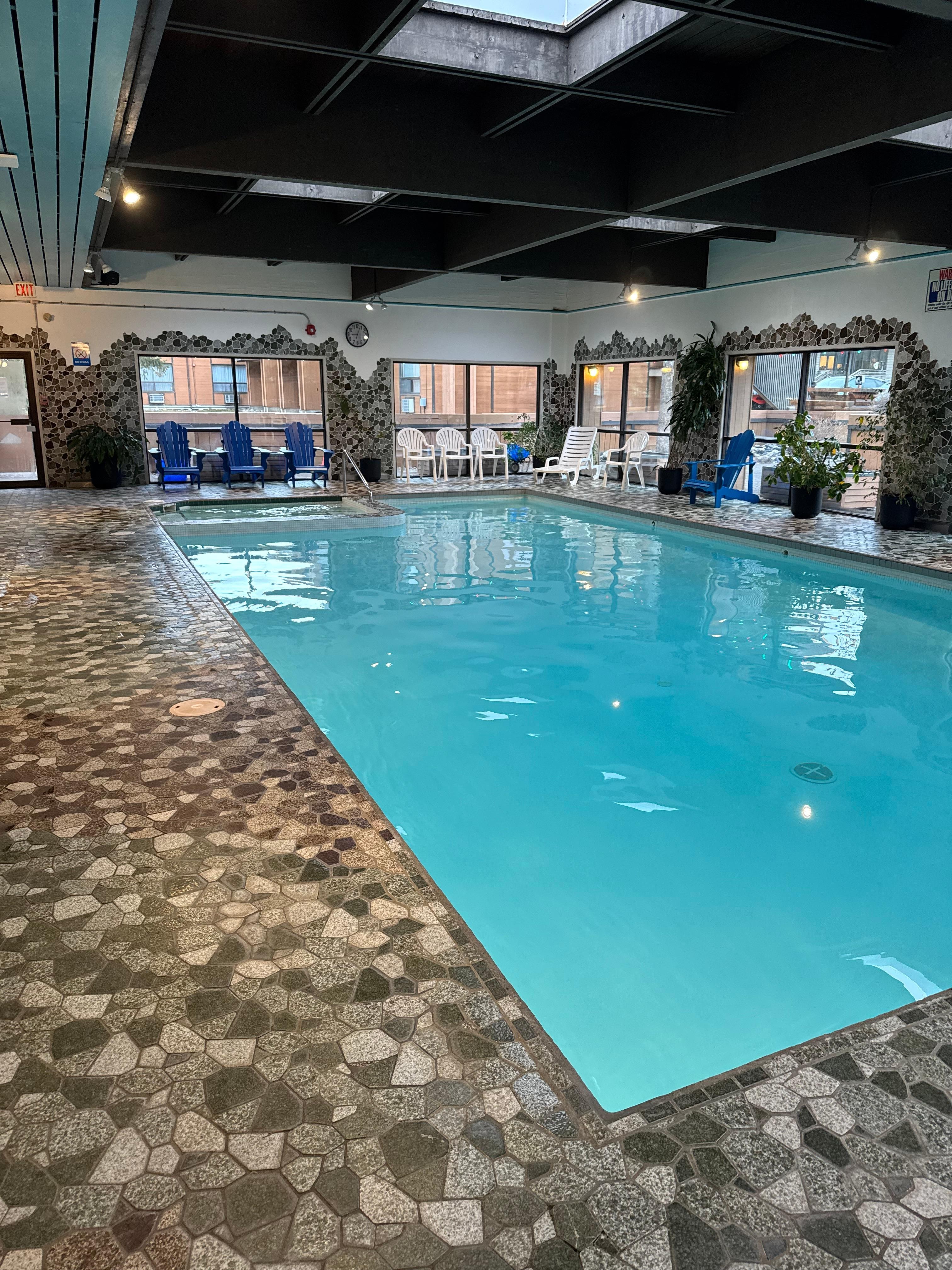 Indoor pool and hot tub open at 8am. 