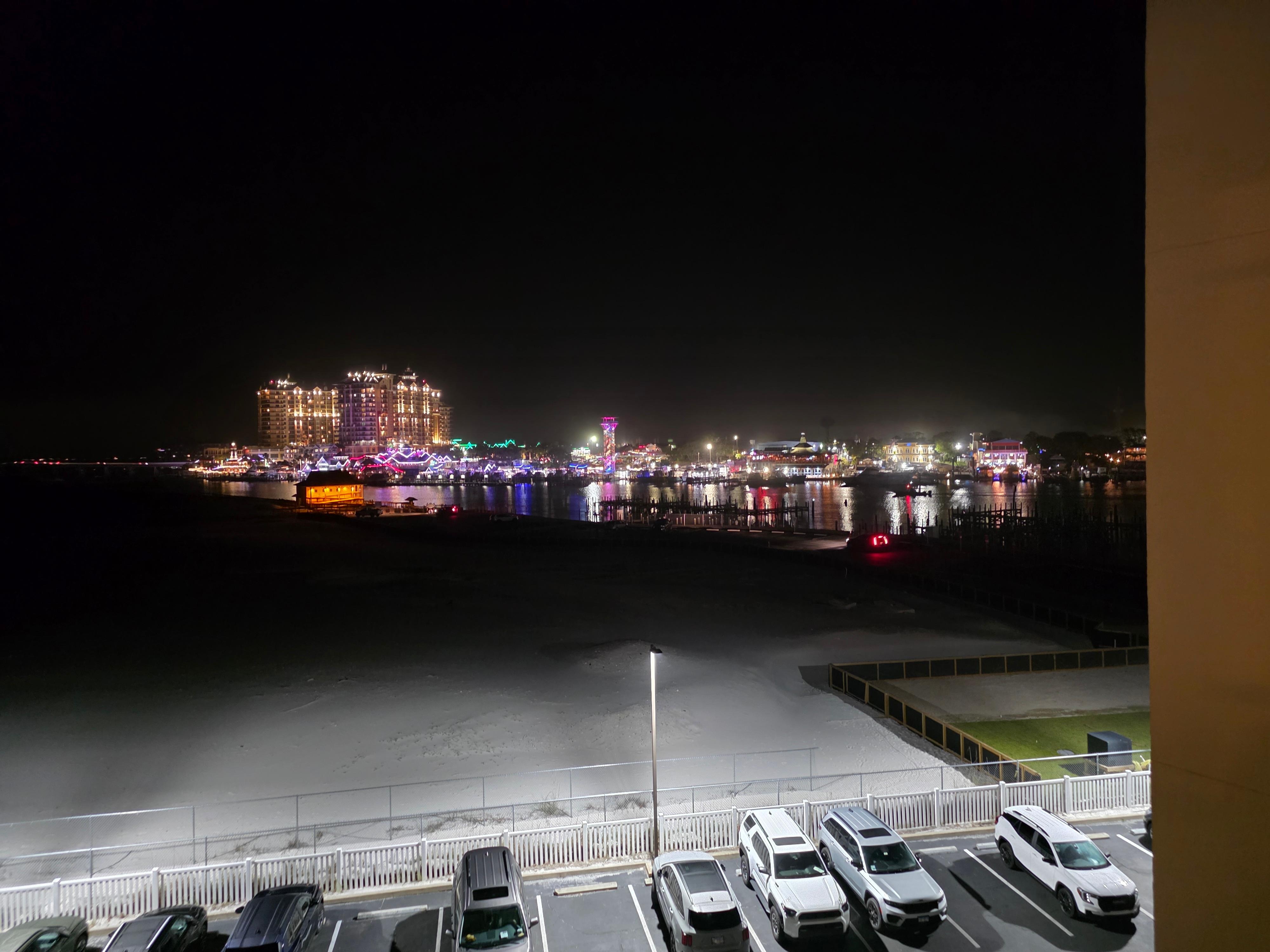 View from balcony of Harbor village at night.