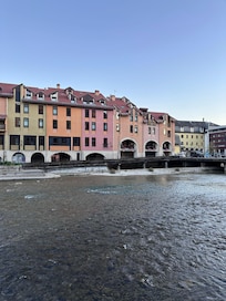 The hotel is a lovely old building right on the river