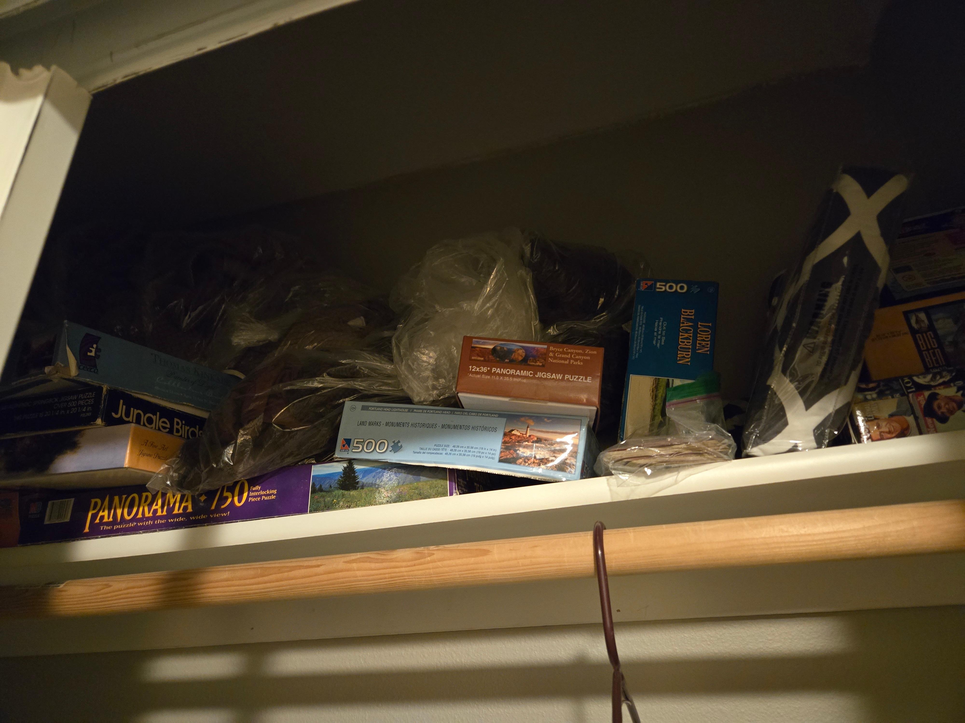 Top shelf of closet. Sign posted next to shelf says leave organized or get charged extra...this is how I found it.