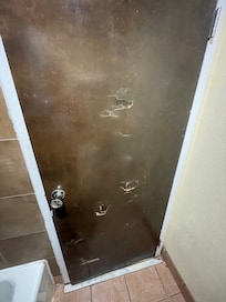 Door looked like there had been a fight in the roo