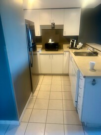 The kitchen. Lots of counter space and cabinets with nothing in them.