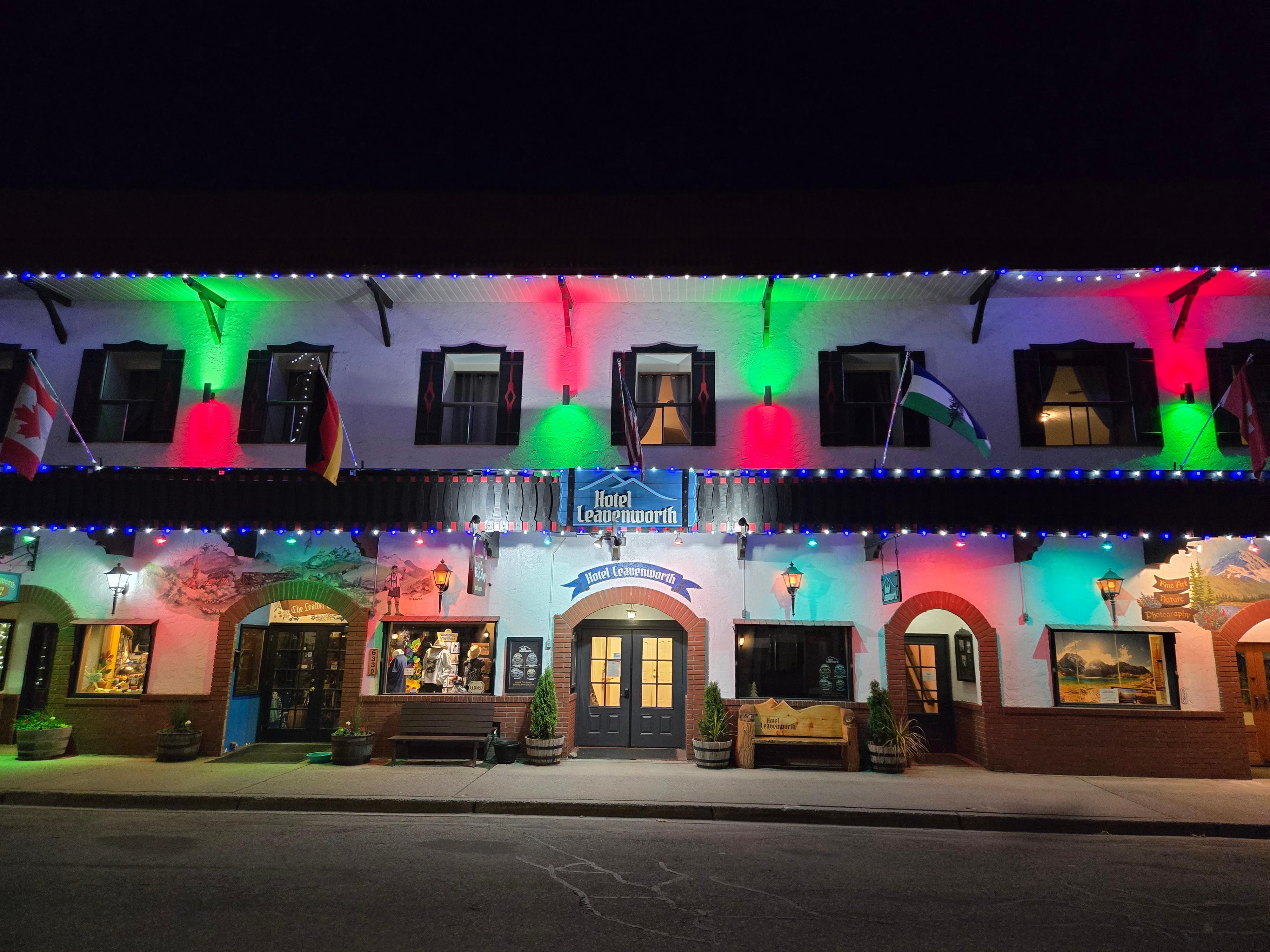 Front of hotel at night 