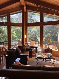 Pleasant living room and deck.