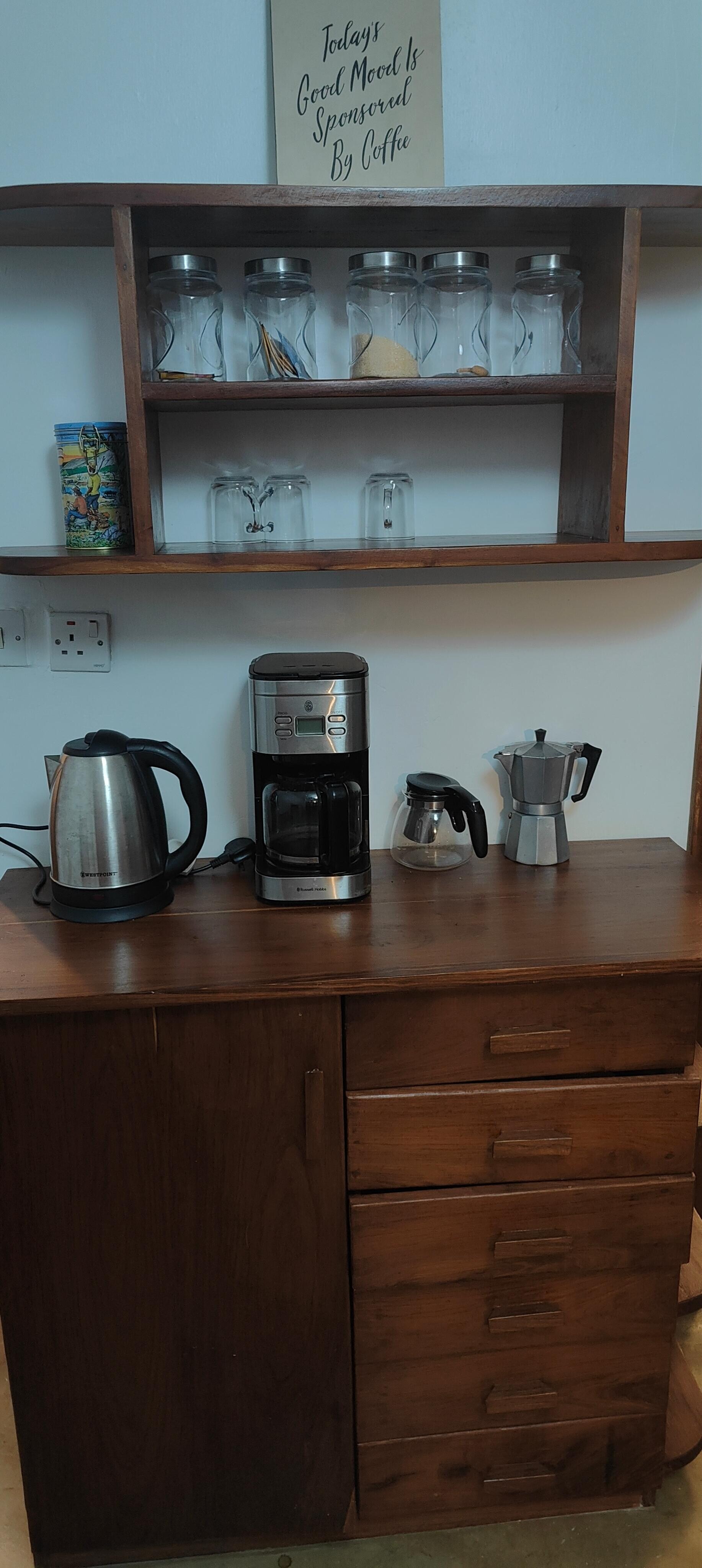 Arriving late in the evening finding this all set up not only with the gadgets but also having coffee grinds, tea, sugar all ready to use including some cookies, was special.