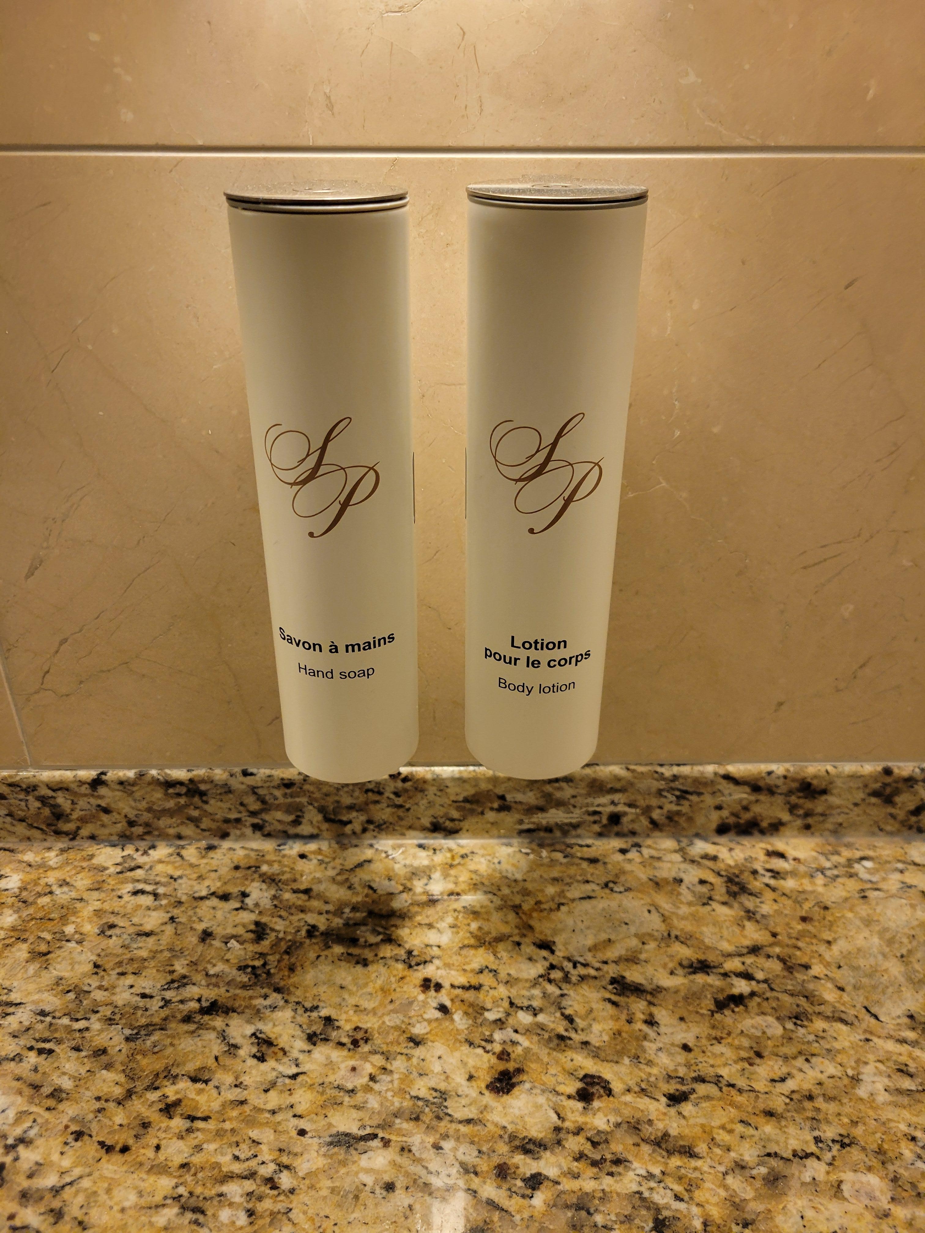 Soap & lotion dispensers at sink & in shower