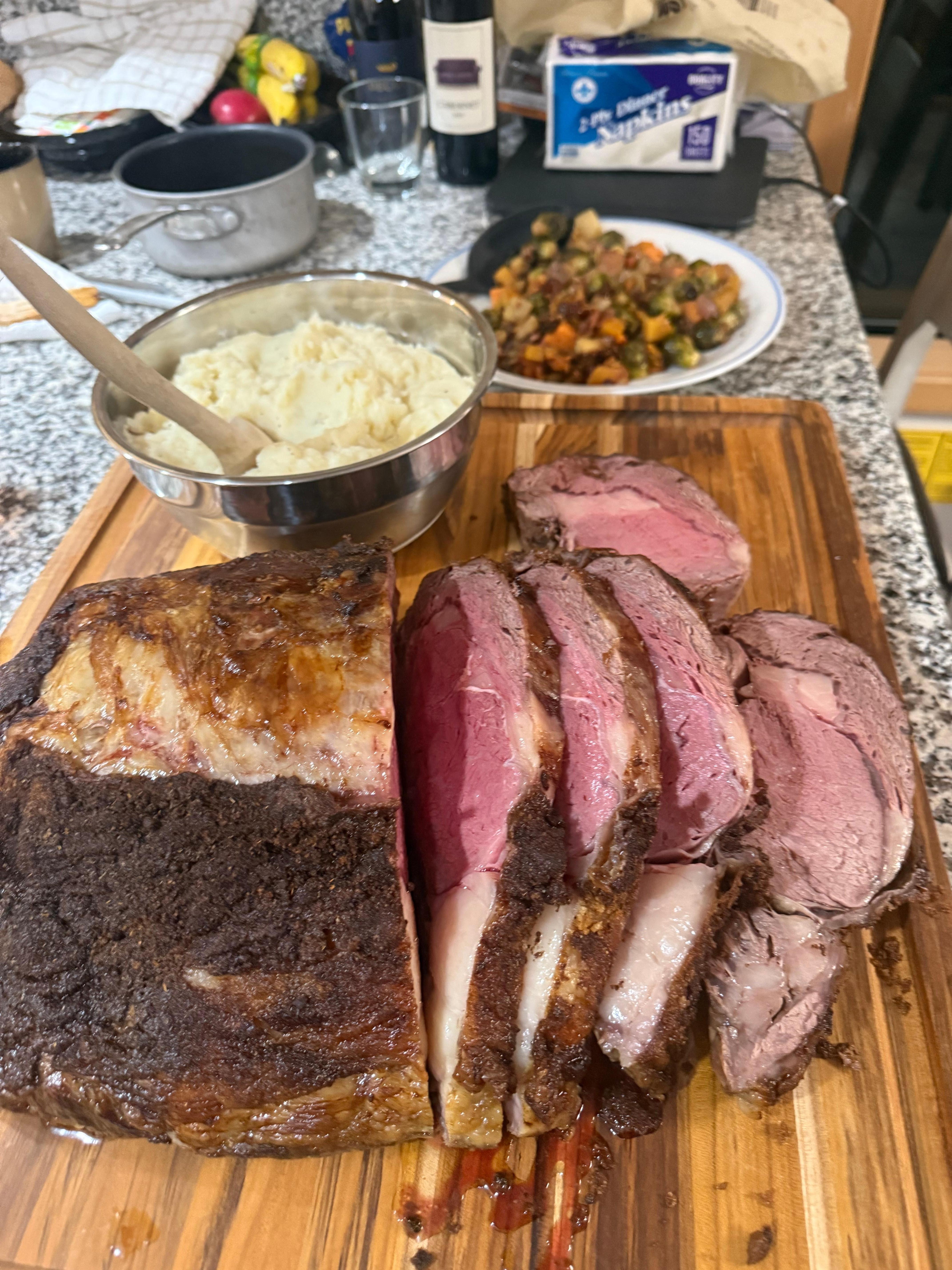 Prime rib dinner made at the house. 