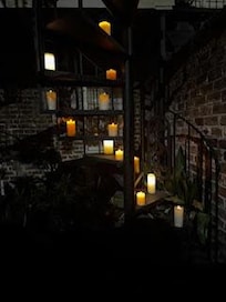 Rm. 301 Courtyard by night (electric candles are mine, not the Inn's.)