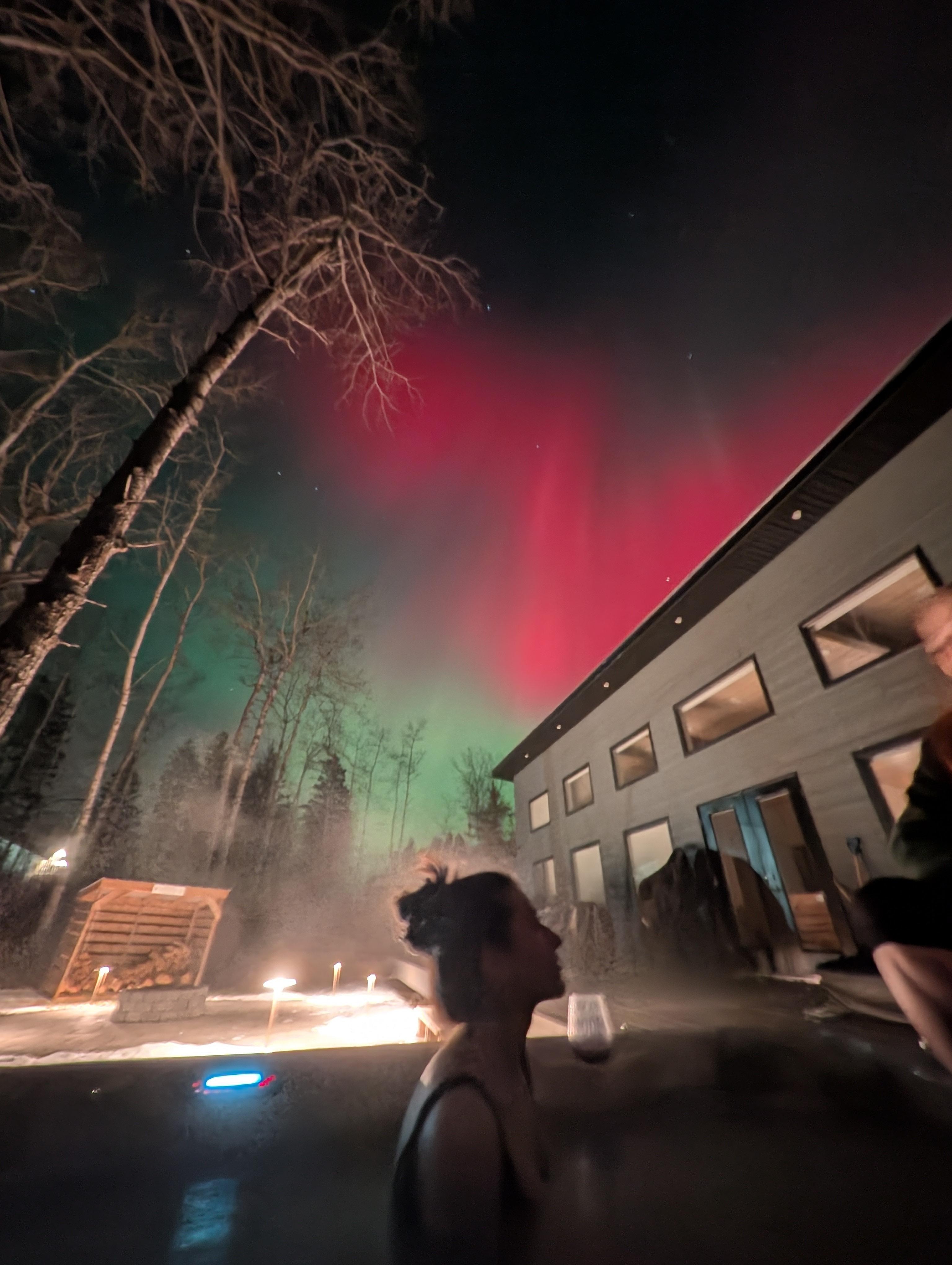 Back of property - hot tub with northern lights 