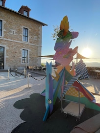 Front of the hotel with art installations