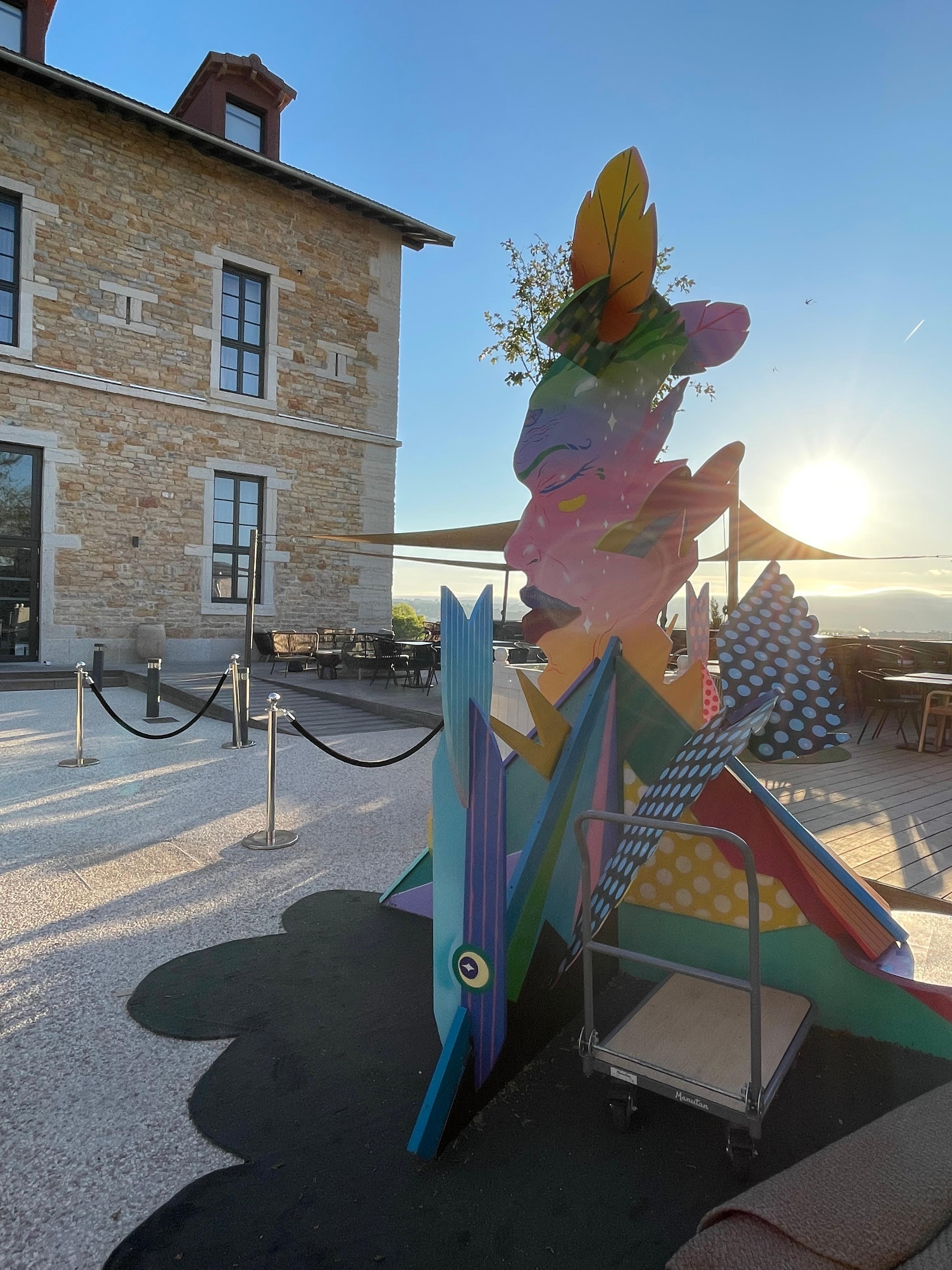 Front of the hotel with art installations