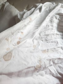 These sheets were washed but still in the dryer when we arrived and this is what we saw. Multiple Blood stains on "clean" sheets.