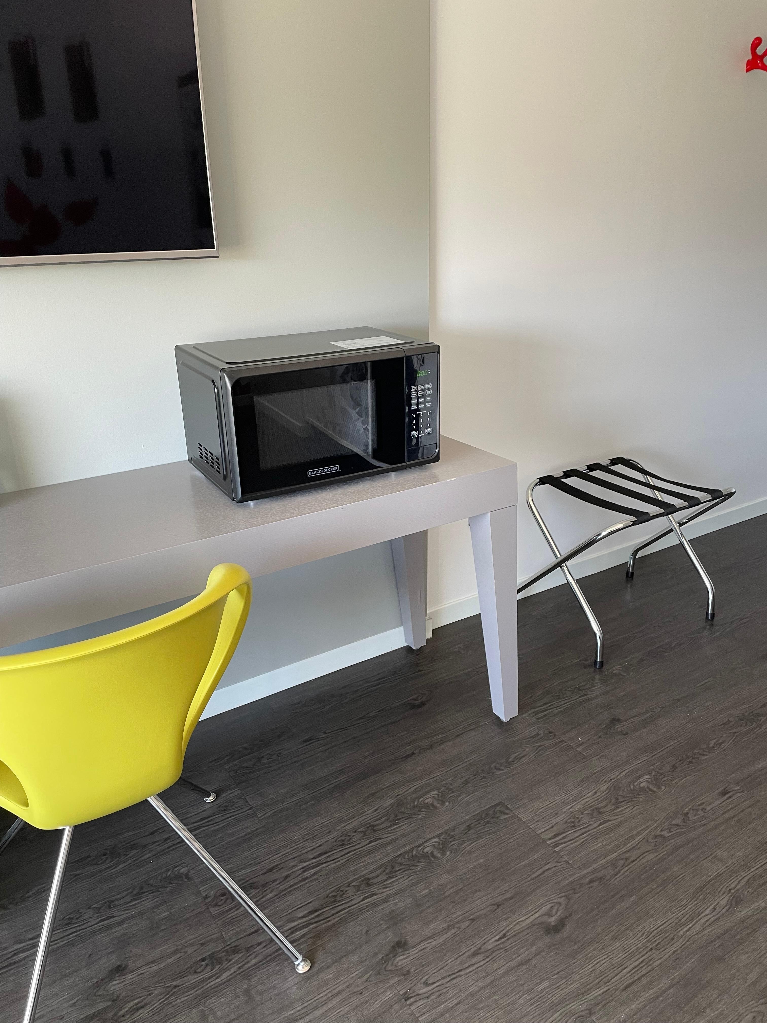 My hotel room! I love the long table and the hotel accommodated my request for a microwave oven! 