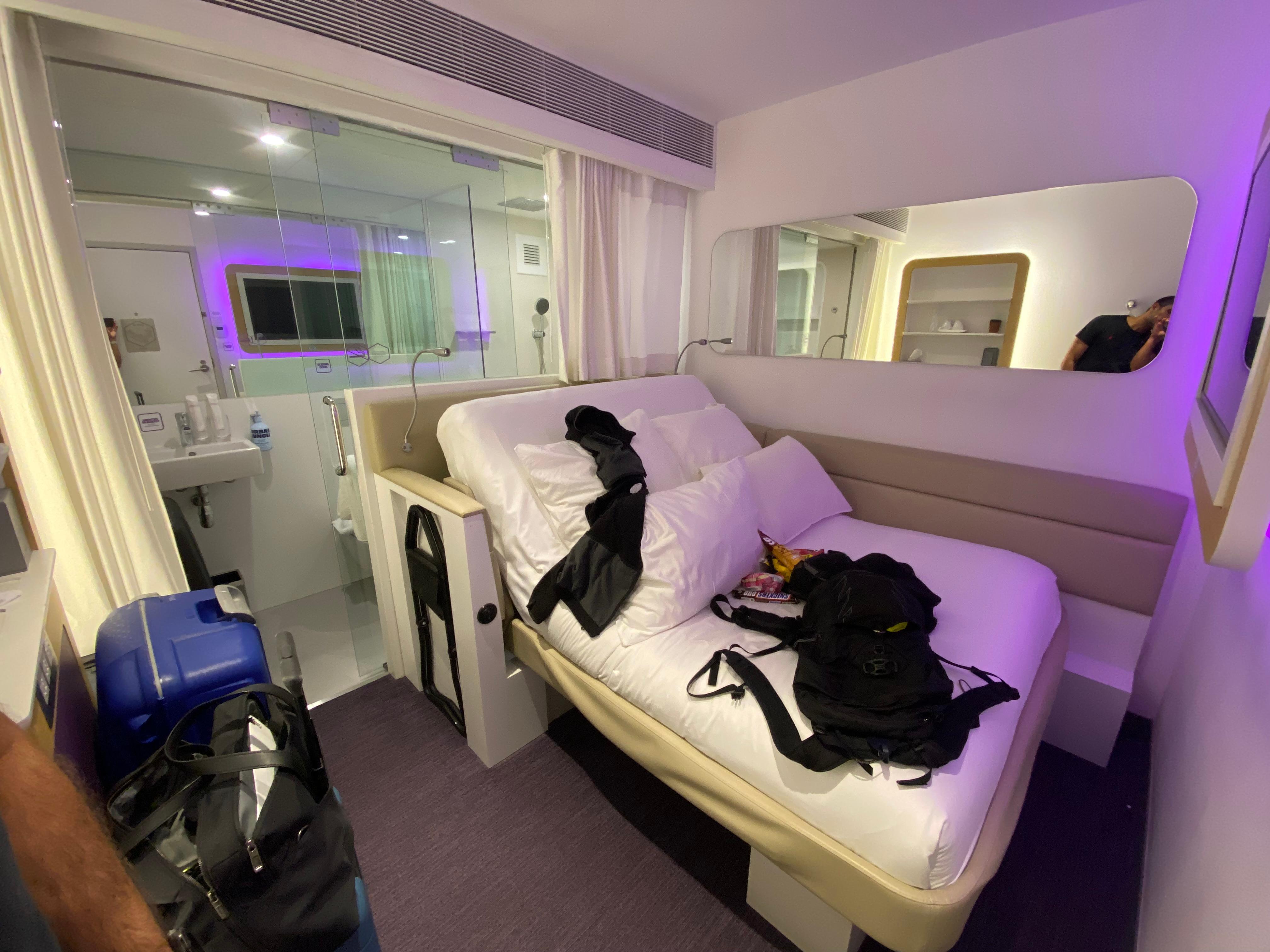 Small, functional hotel in Jewel Shopping Mall. Perfect for a quick layover. Rooms have no windows. Beds + pillows are comfortable. 