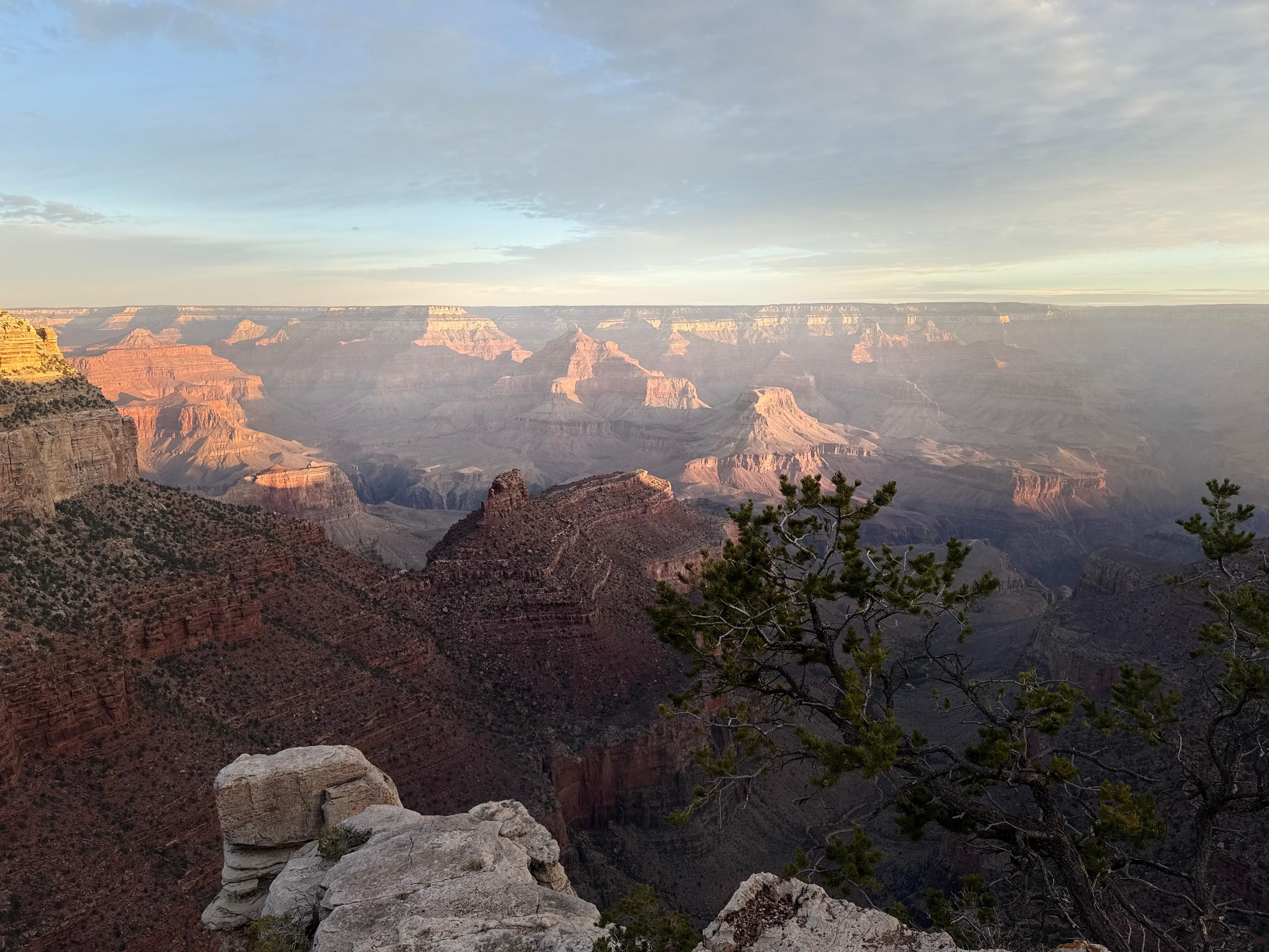 Sunrise view of the Grand Canyon from just outside the El Tovar Lodge.