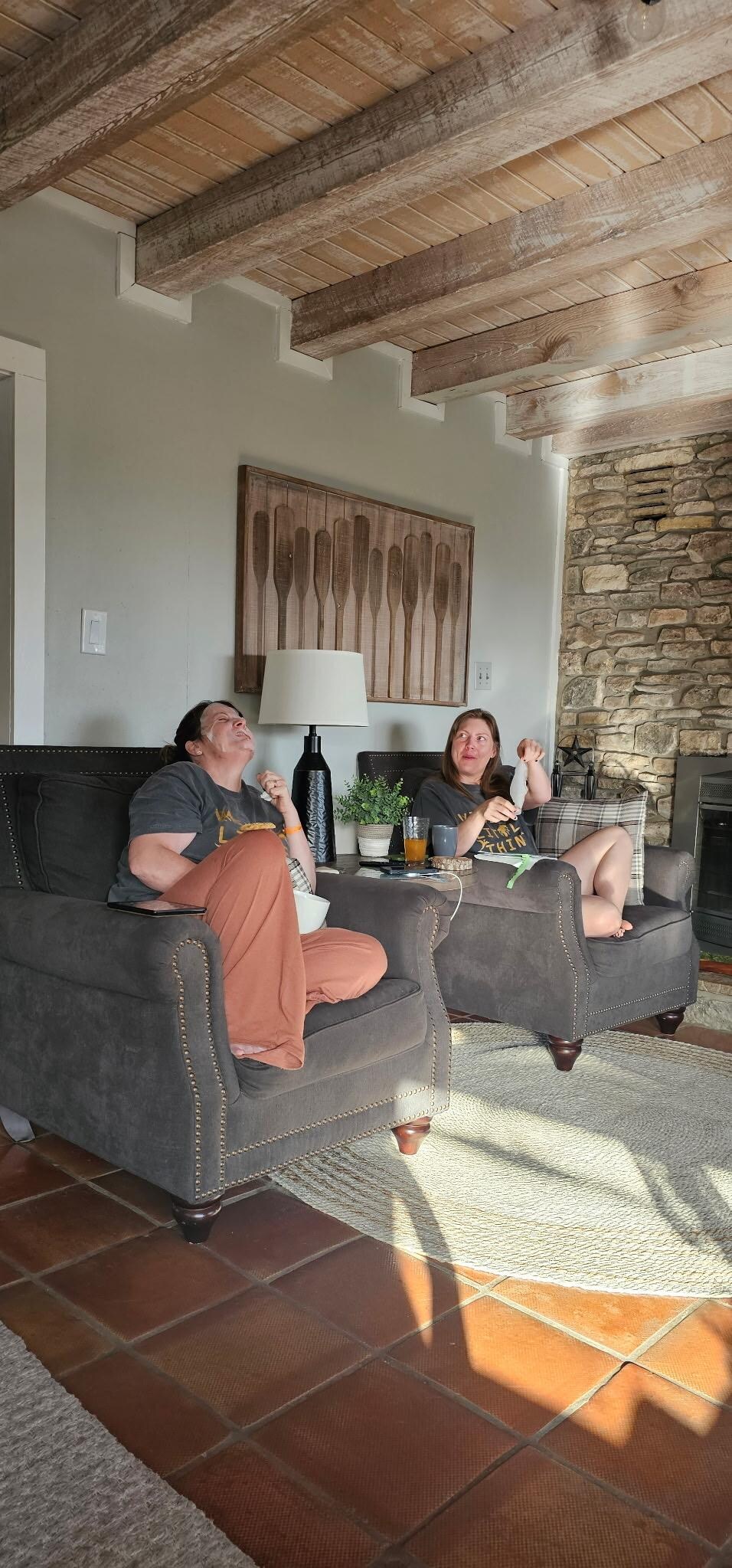 A face mask girl time kind of breakfast in the comfy living room