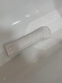 Floor mat, rolled up soaking wet and covered in hair and placed back in bath to re-use (after 3 days and a "clean")