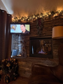 Movies and warmth next to fire place in living room area