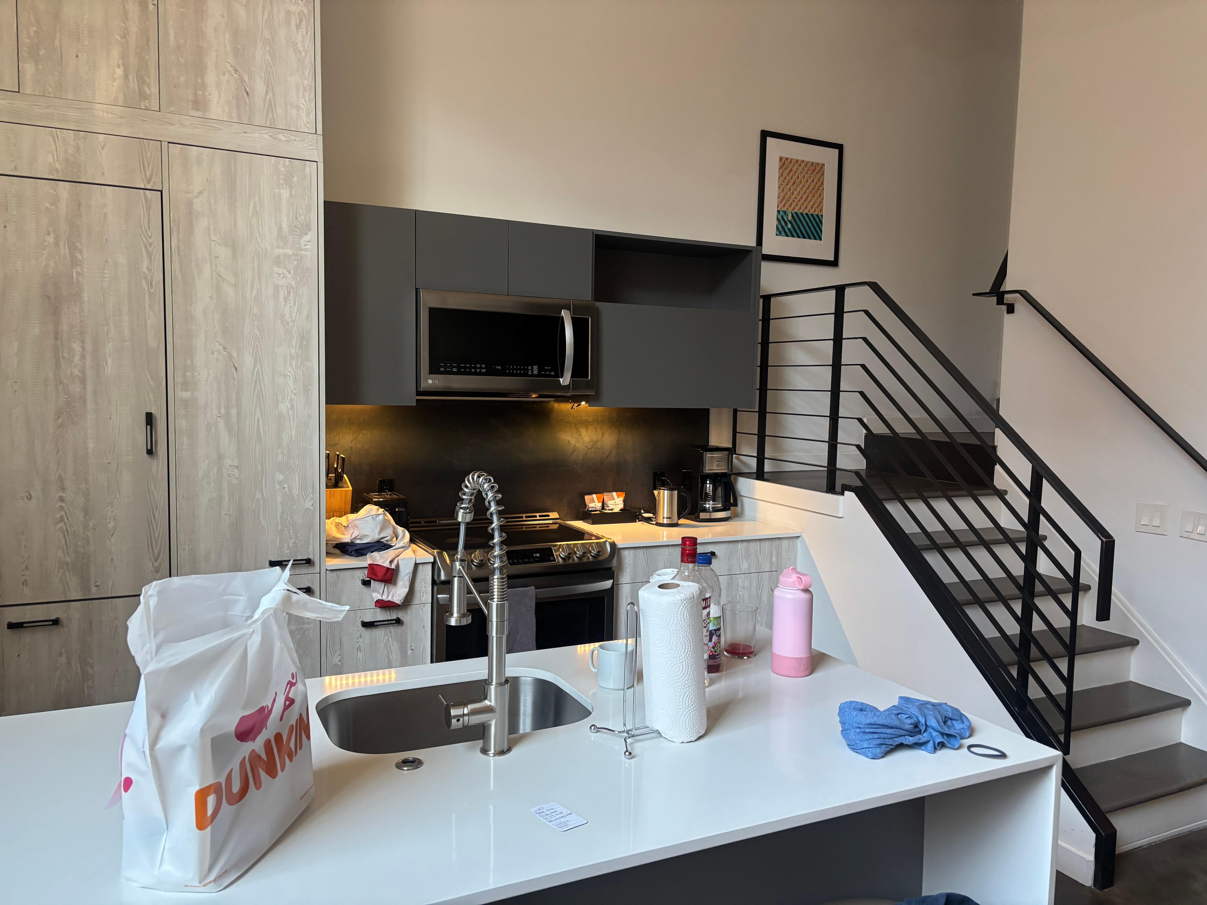 View of the kitchen and stairs to the upstairs bedroom and bathroom, which were fantastic.